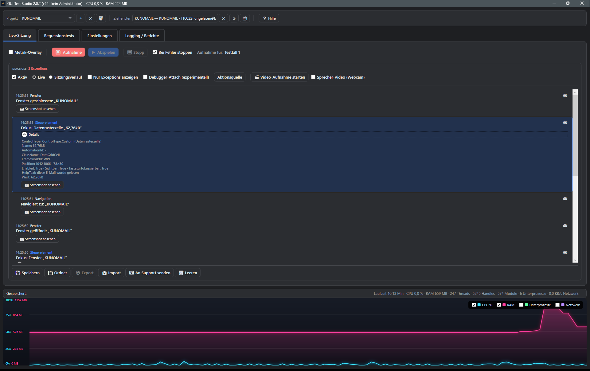 Screenshot: Programmoberfläche mit Diagnose-Liste und Metrik-Diagramm