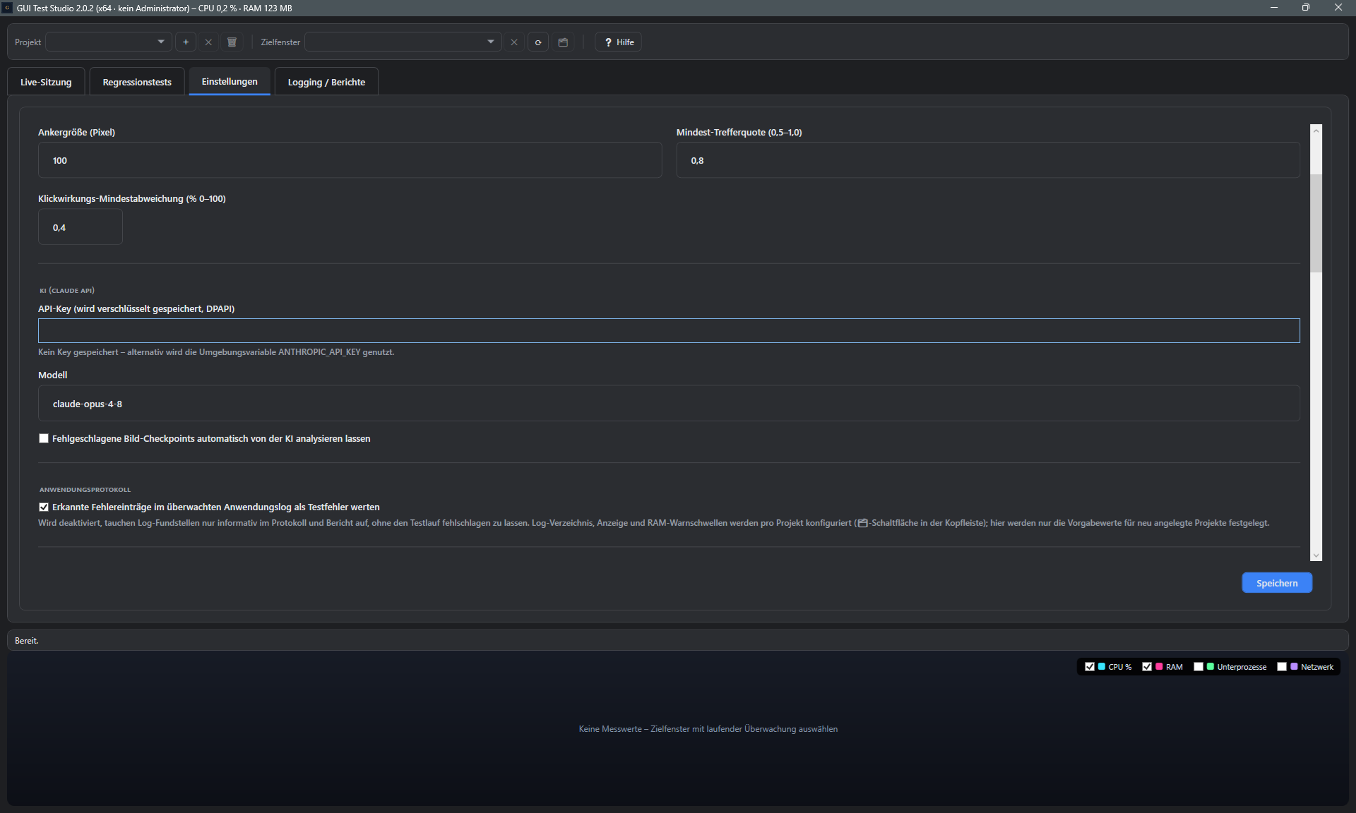 Screenshot: Einstellungen-Panel, Abschnitt KI (Claude API)