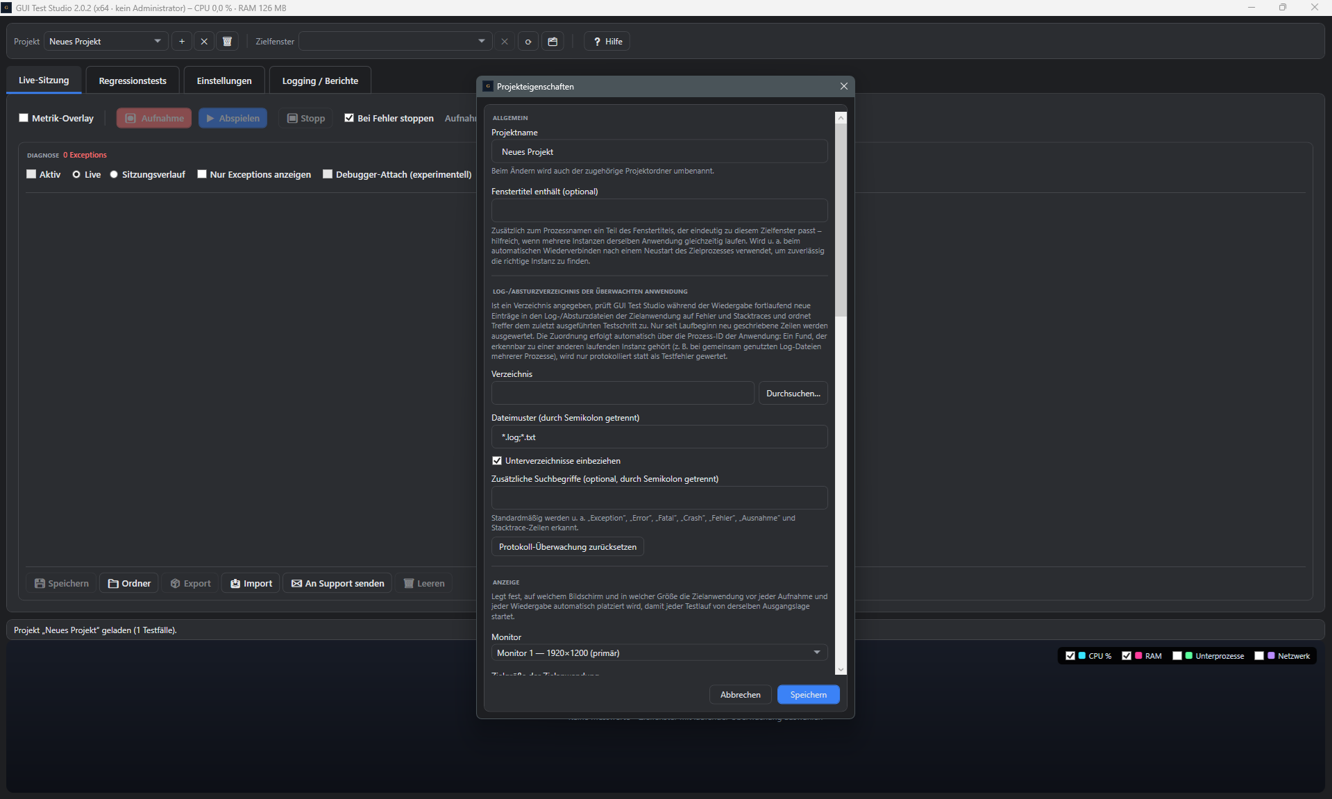 Screenshot: Projekteigenschaften-Dialog, Abschnitt Allgemein und Log-Verzeichnis