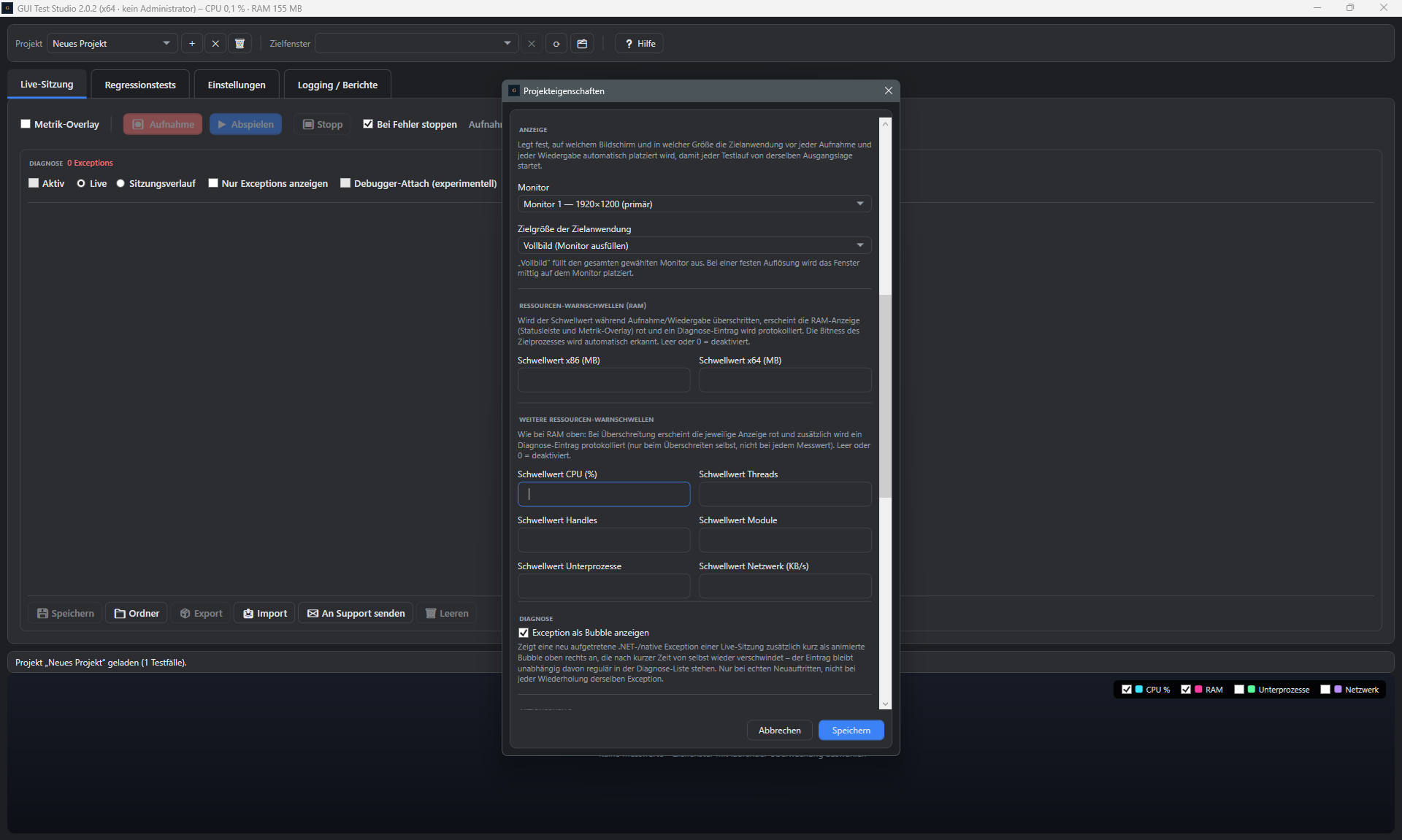 Screenshot: Projekteigenschaften-Dialog, Abschnitt Anzeige und Ressourcen-Schwellwerte