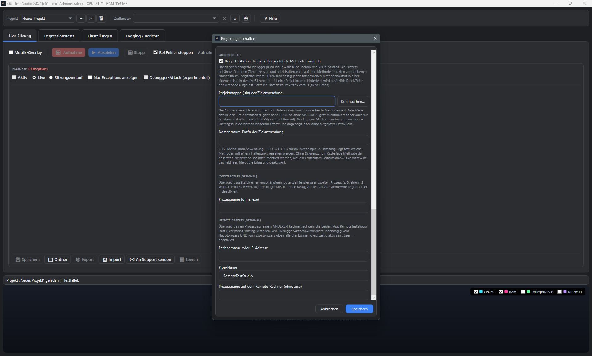 Screenshot: Projekteigenschaften-Dialog, Abschnitt Aktionsquelle, Zweit- und Remote-Prozess