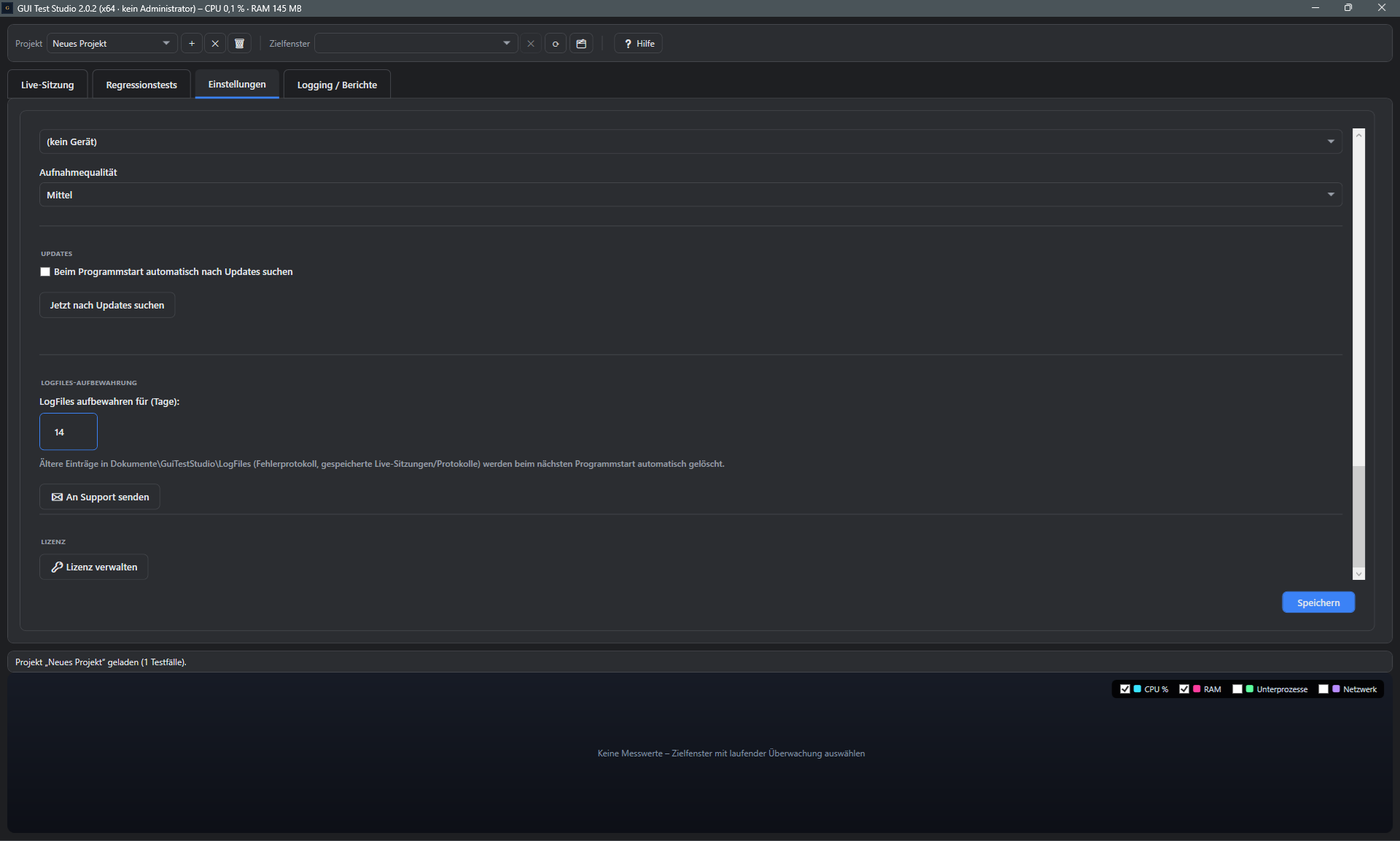 Screenshot: Einstellungen-Panel, Abschnitt Video, Update, LogFiles und Lizenz