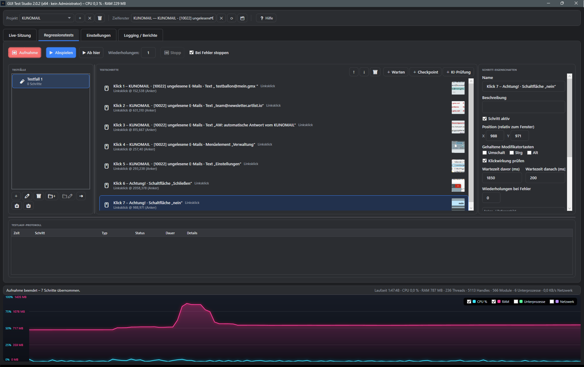 Screenshot: Aufnahme-Button und Testschritt-Liste