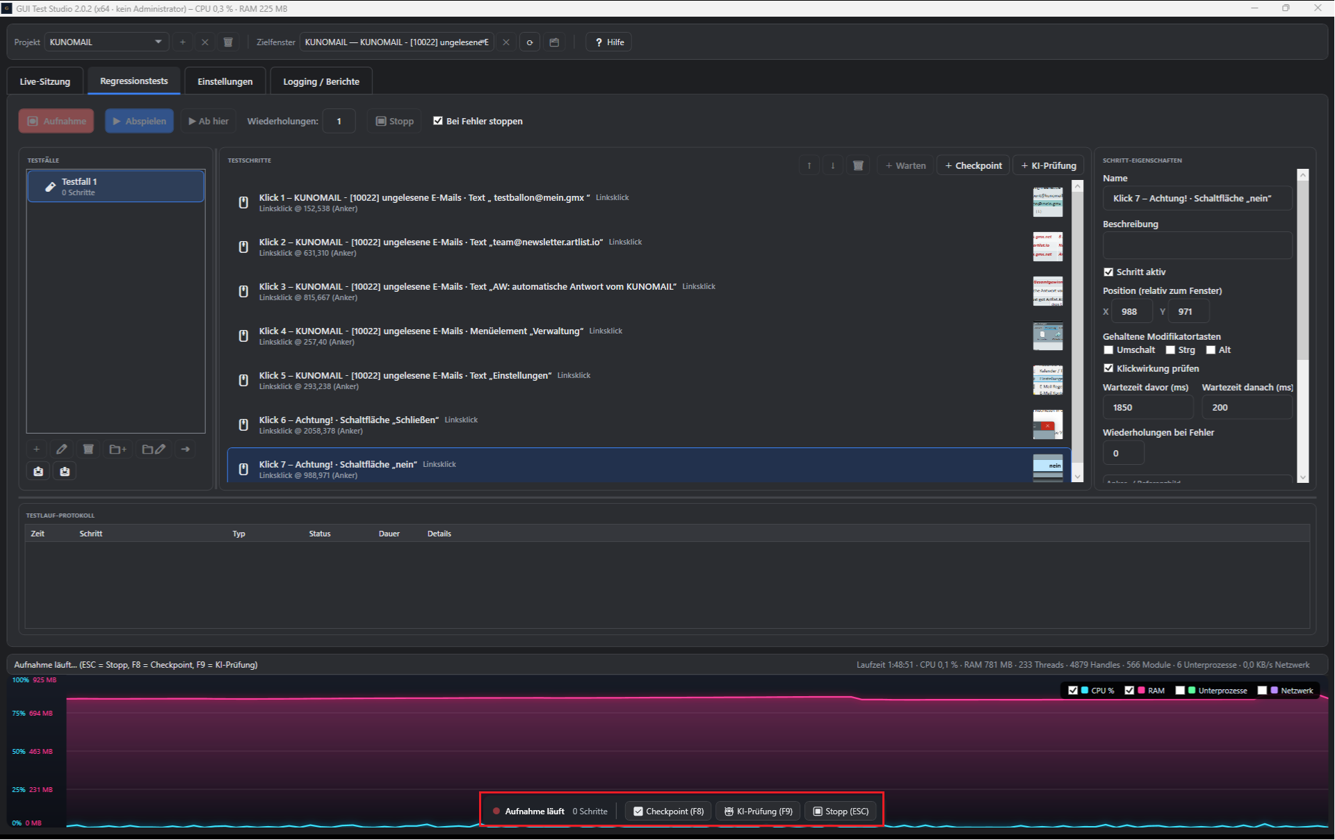 Screenshot: Schwebende Aufnahme-Steuerleiste
