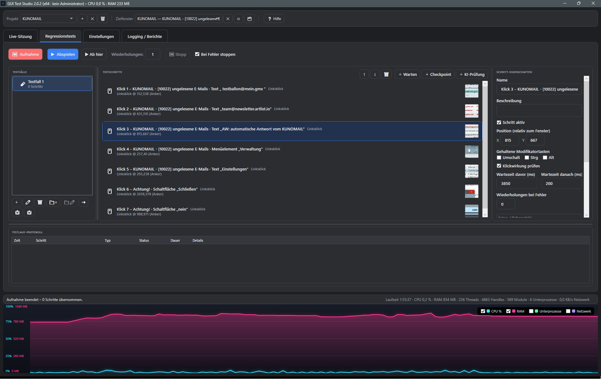 Screenshot: Bildanker eines Testschritts mit Referenzbild und Position