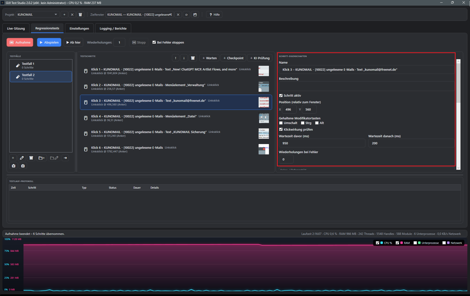 Screenshot: Eigenschaften-Panel eines Testschritts im Detail