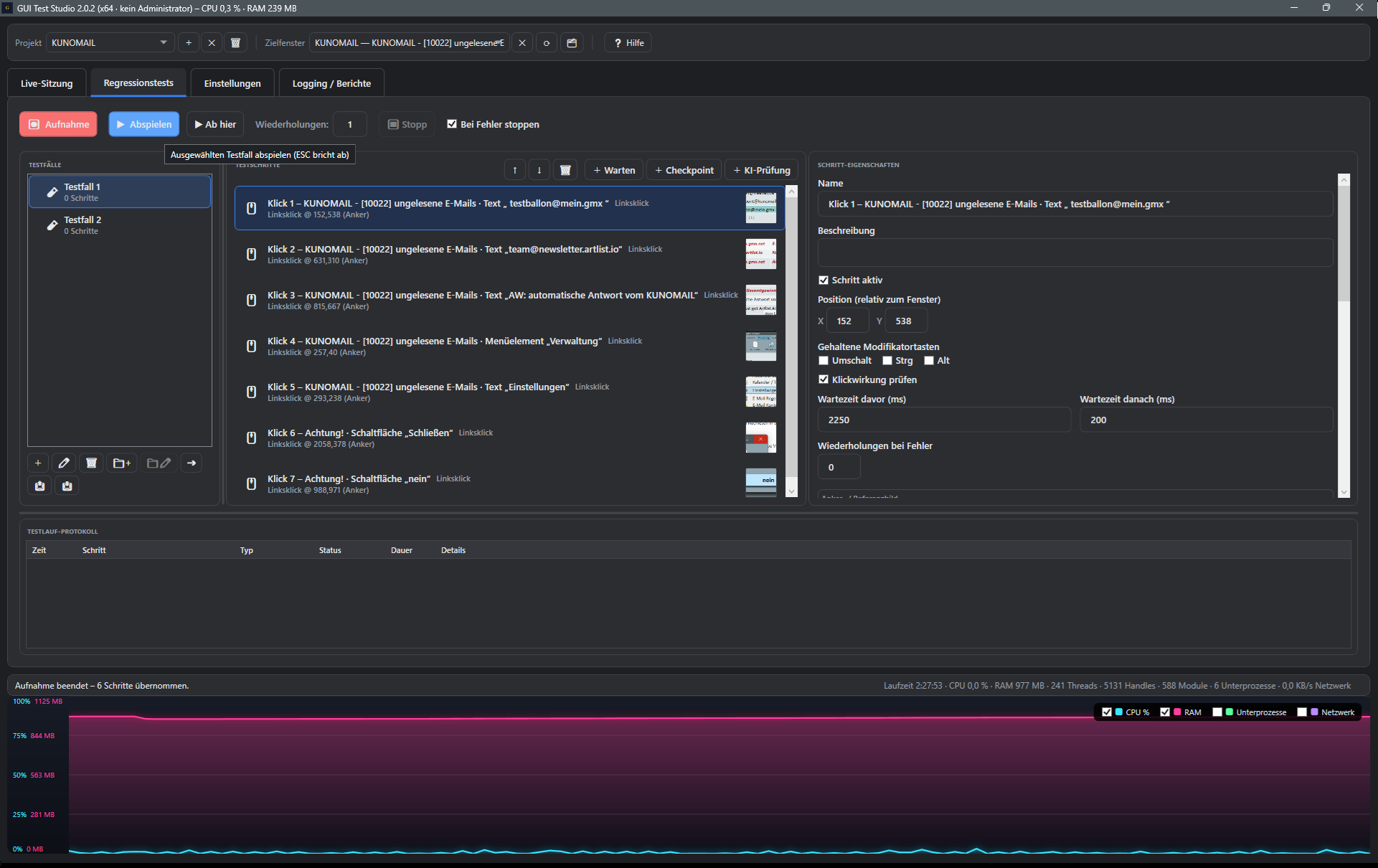 Screenshot: Abspielen-Button mit Tooltip und Testfall-Liste