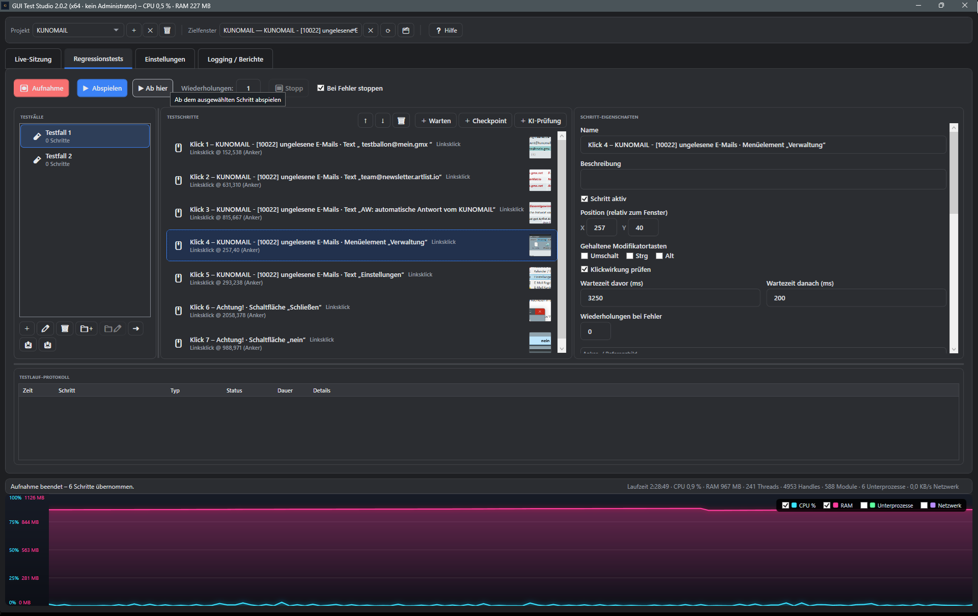 Screenshot: Ab-hier-Button mit Tooltip und markiertem Schritt