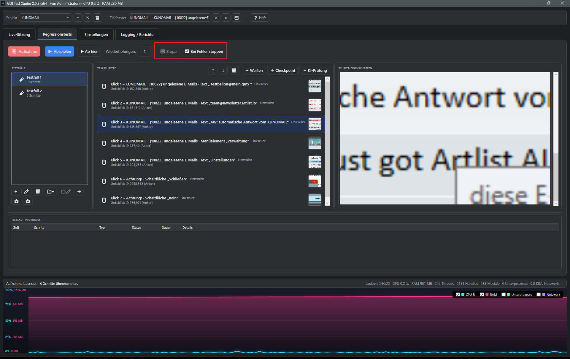 Screenshot: Bei Fehler stoppen und Referenzbild eines fehlgeschlagenen Schritts