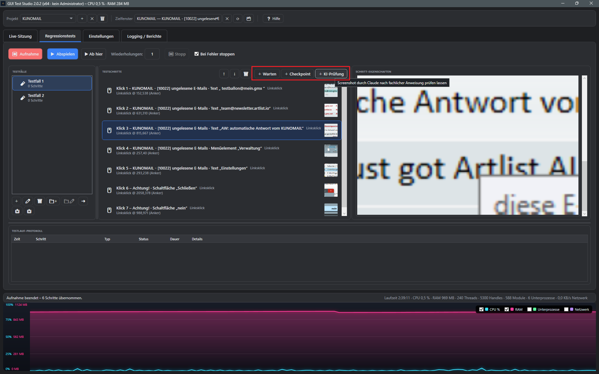 Screenshot: KI-Prüfung nachträglich einfügen nach einem fehlgeschlagenen Schritt