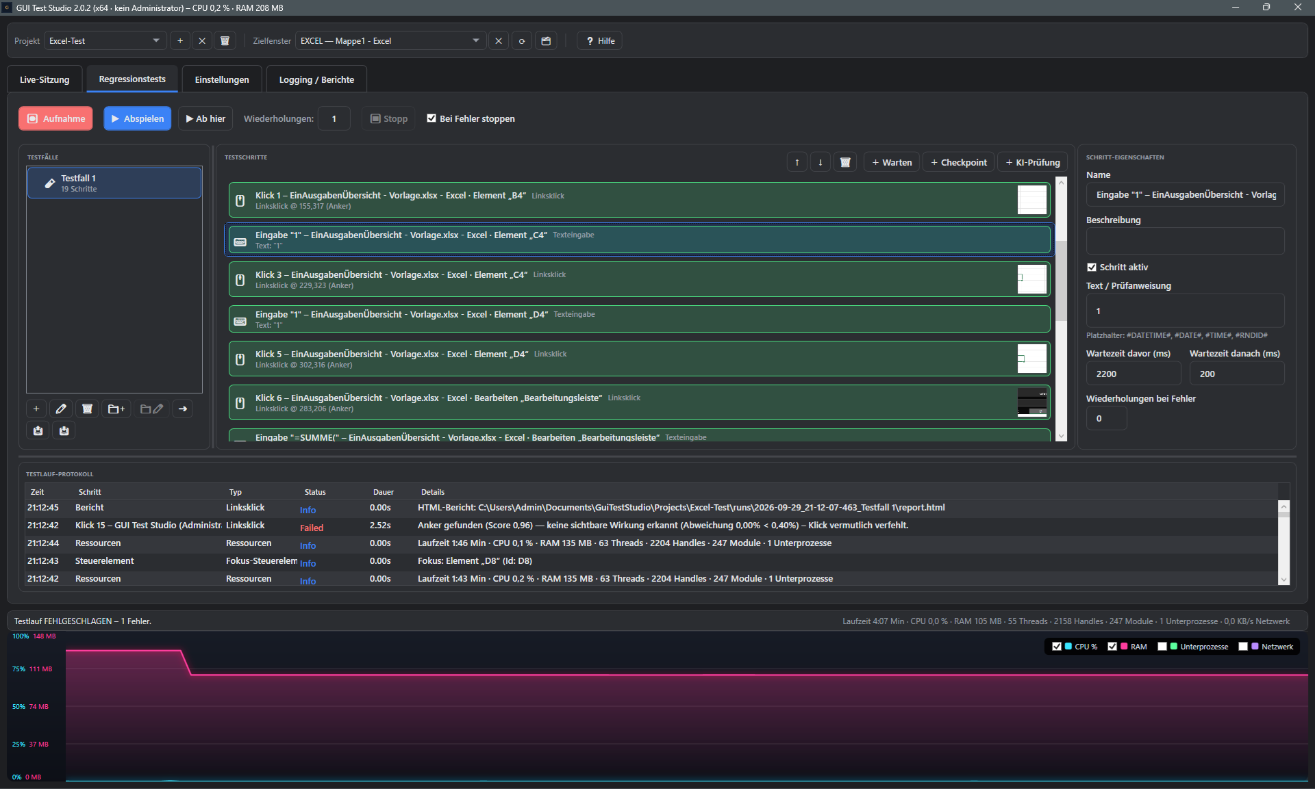 Screenshot: Testlauf-Protokoll im Regressionstests-Tab