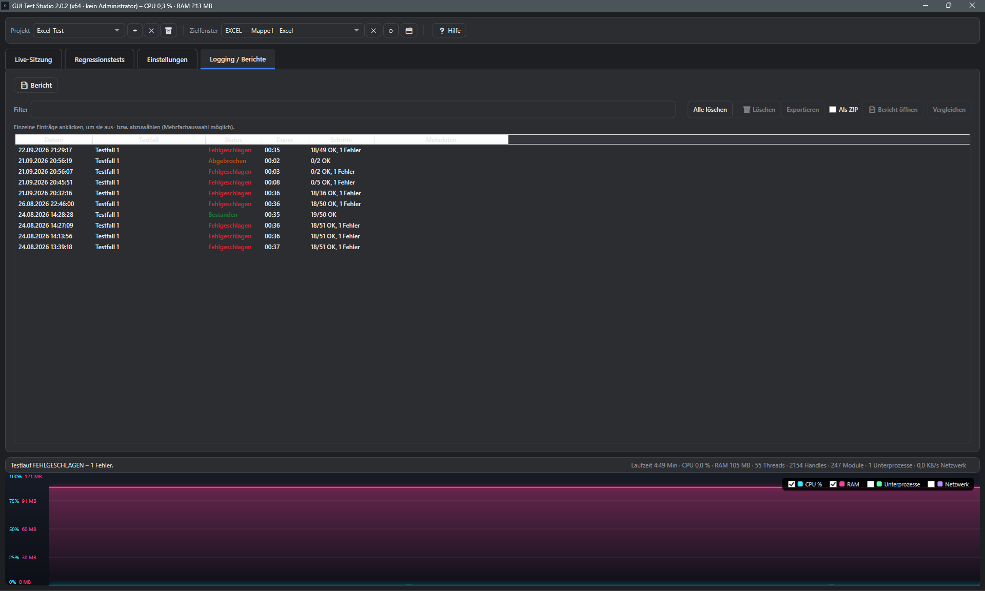 Screenshot: Berichte-Liste im Tab Logging / Berichte