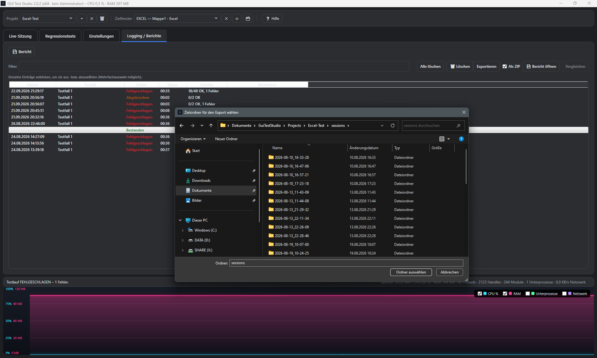 Screenshot: Export-Dialog fuer Testlauf-Berichte als ZIP