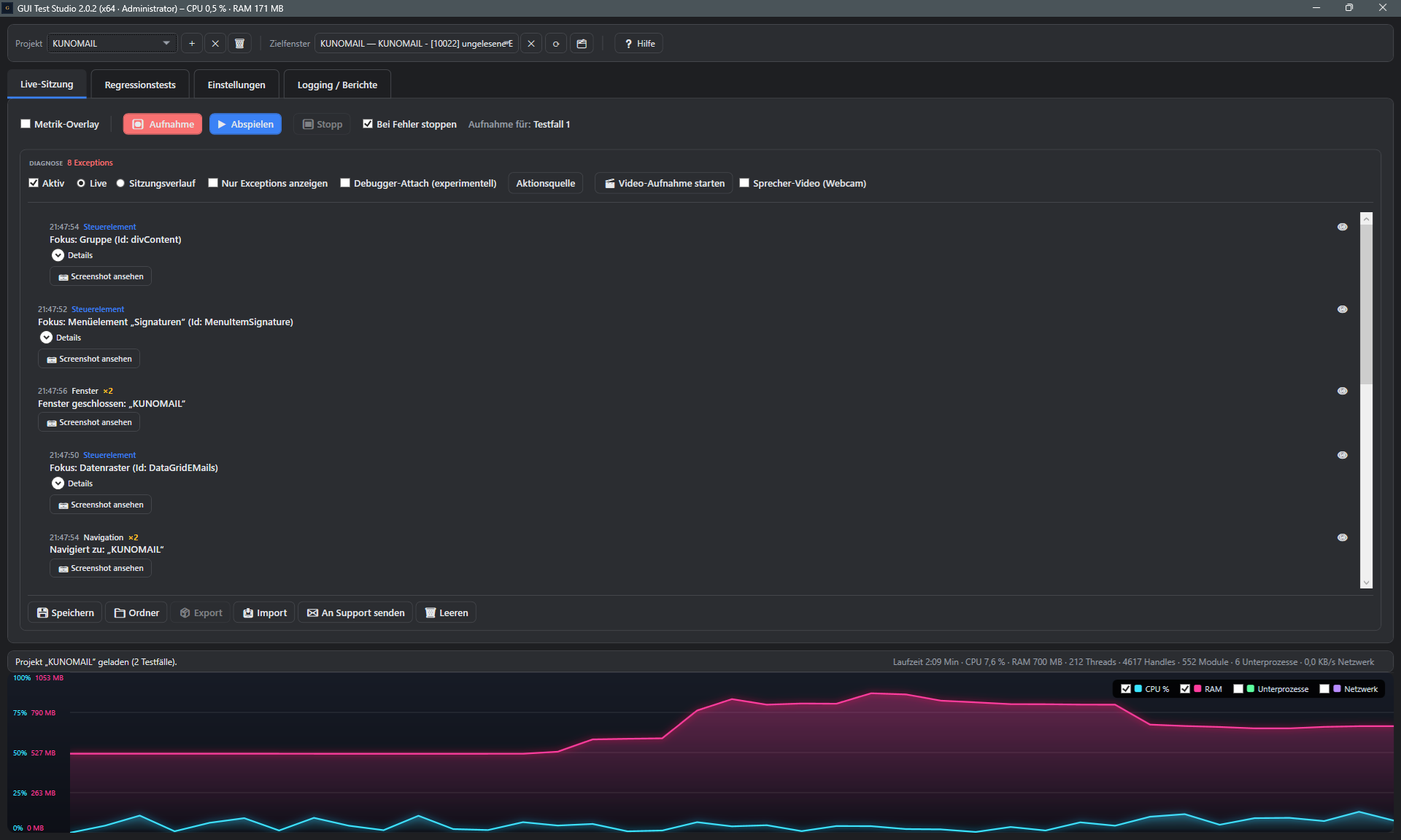 Screenshot: Reiter Live-Sitzung mit Diagnose-Protokoll und CPU/RAM-Verlauf