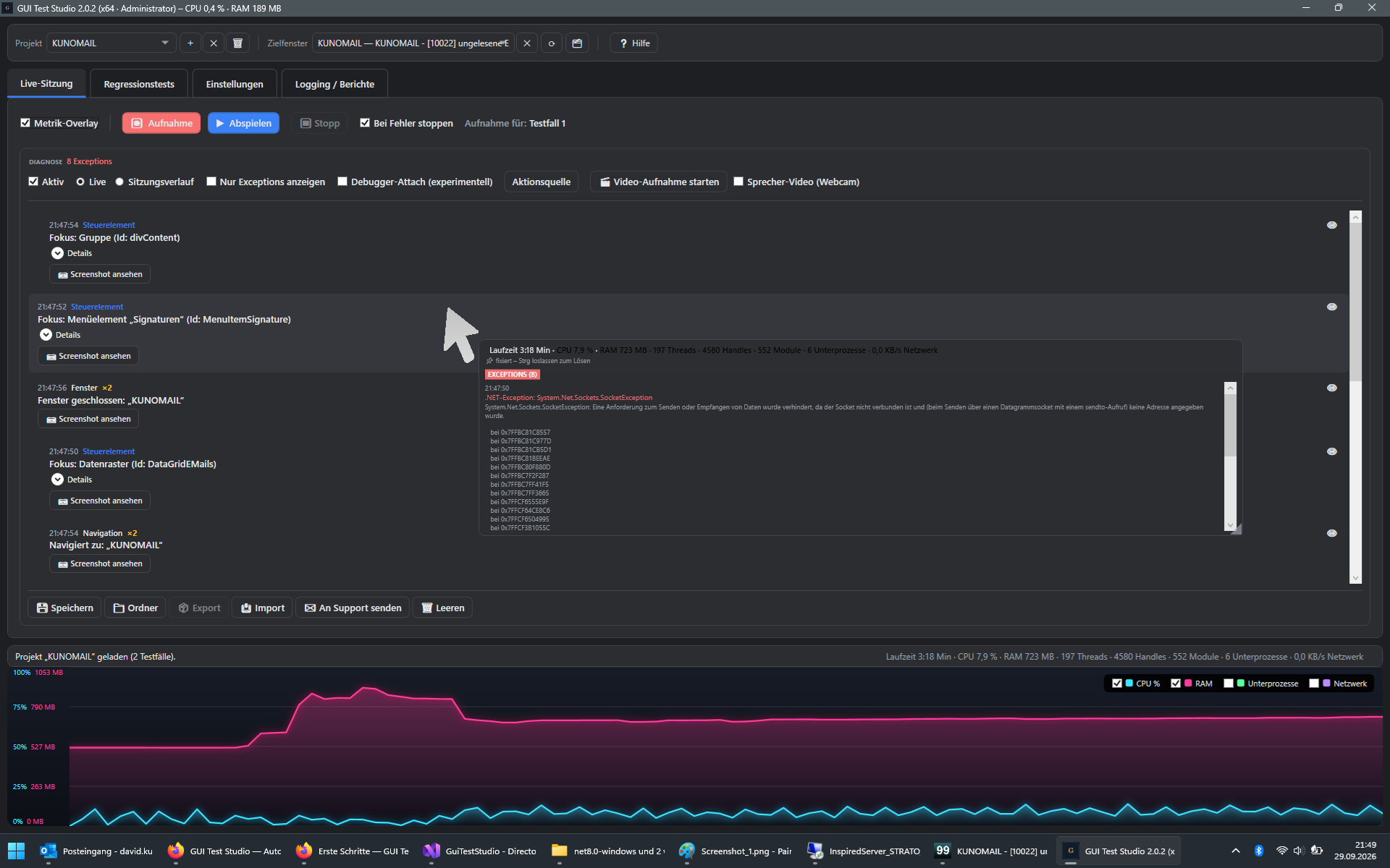 Screenshot: Metrik-Overlay mit Kennzahlen und Exceptions am Mauszeiger