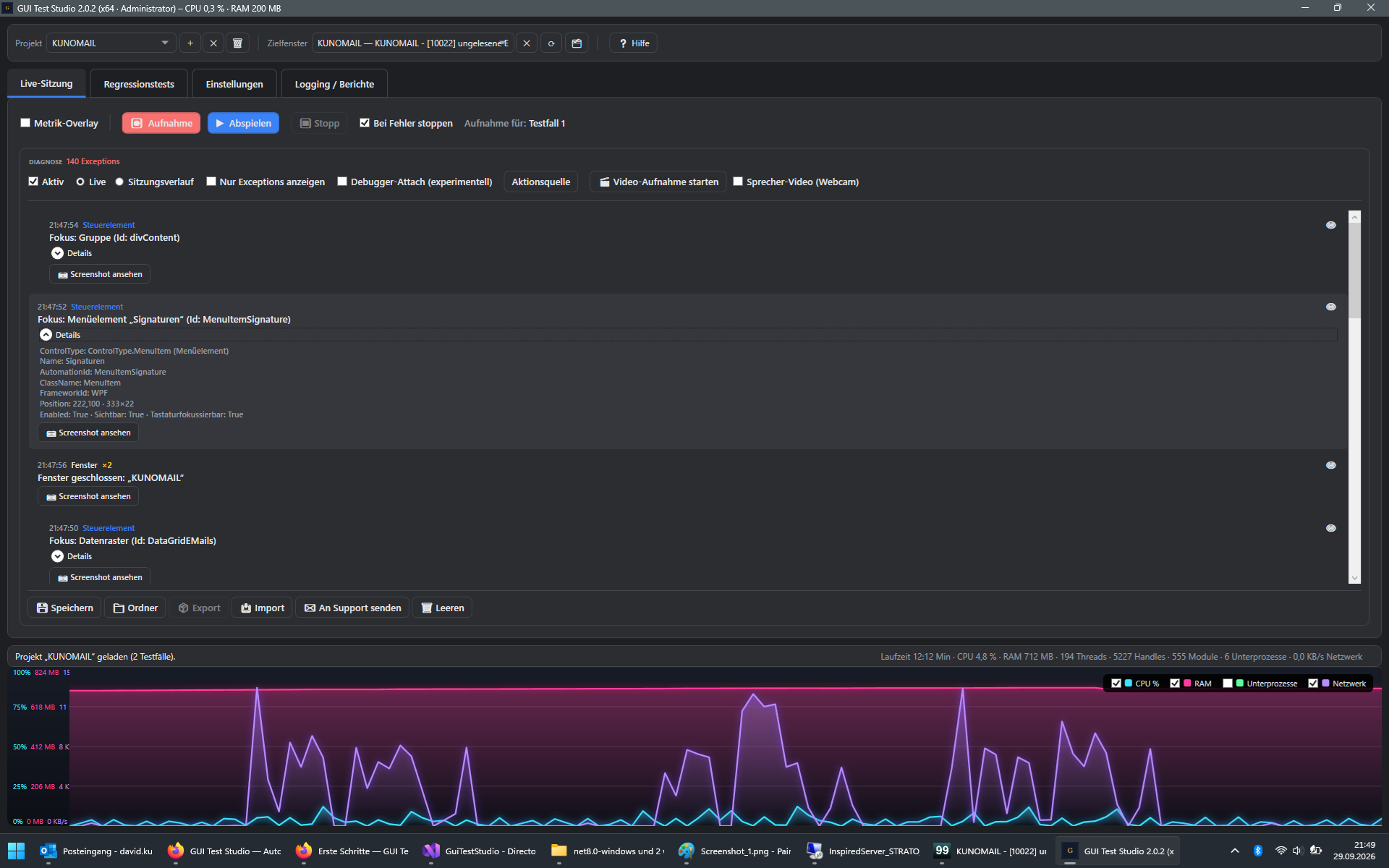 Screenshot: Zeitverlauf-Diagramm mit mehreren ueberlagerten Messreihen