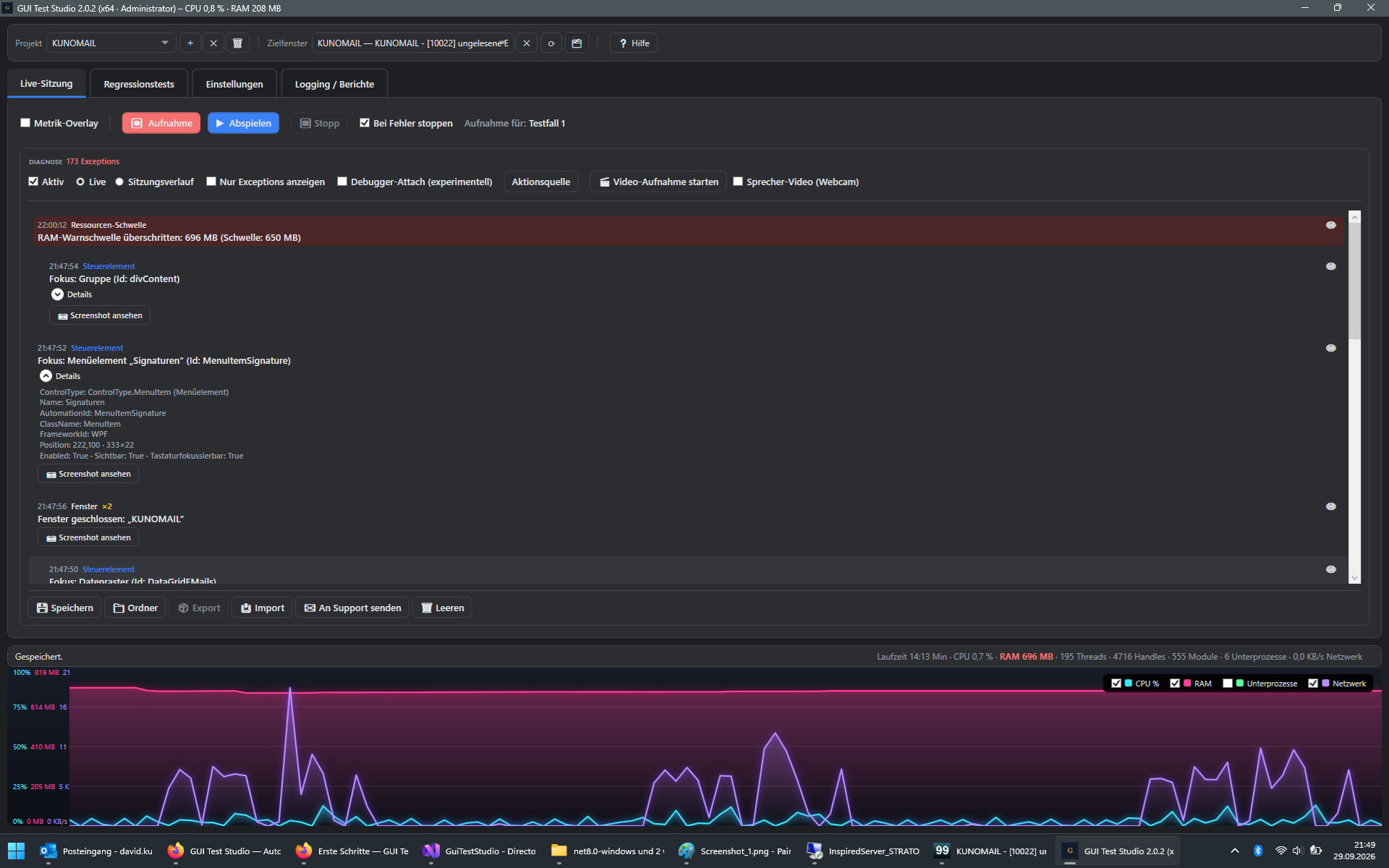 Screenshot: RAM-Warnschwelle im Diagnose-Protokoll ueberschritten