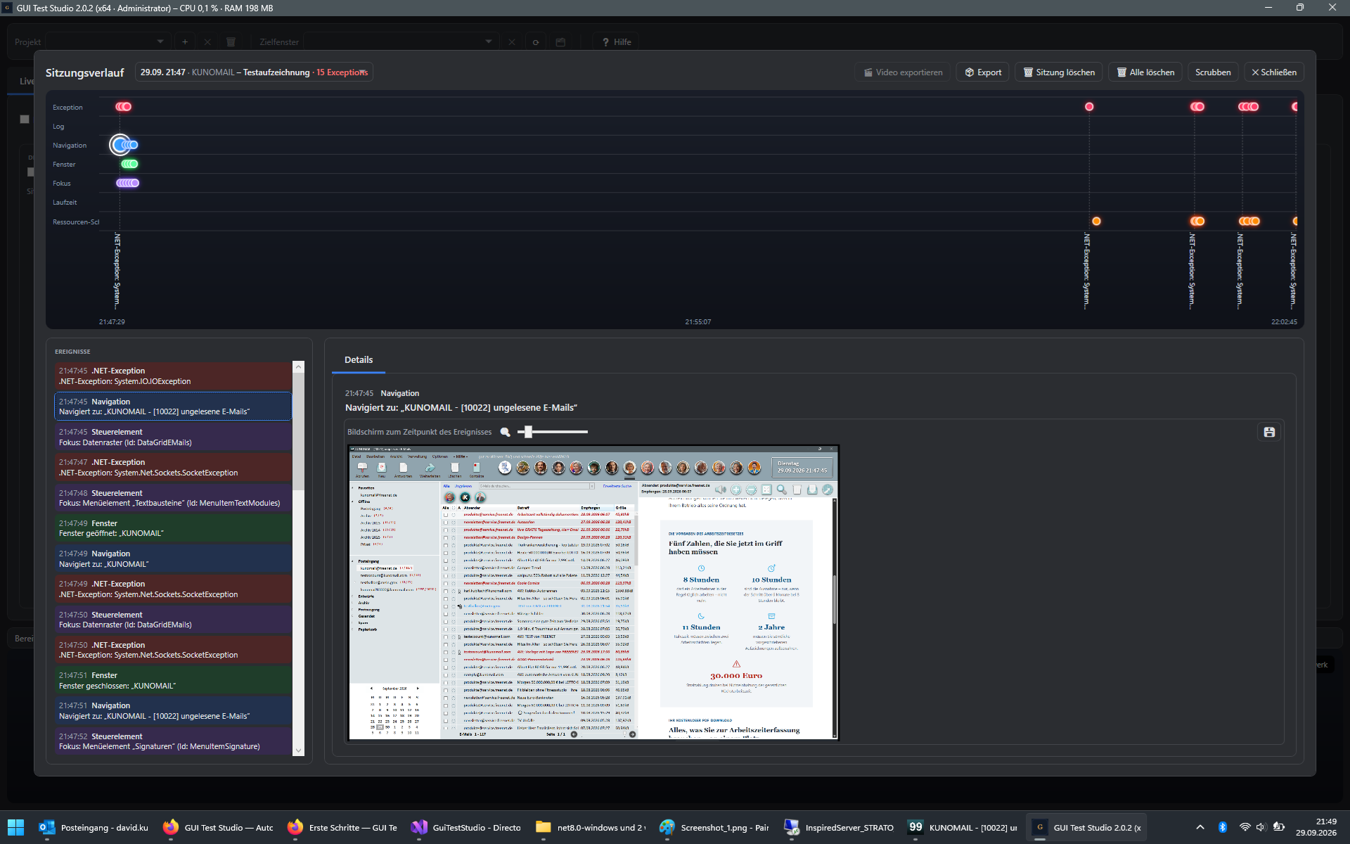 Screenshot: Sitzungsverlauf mit Zeitleiste, Ereignisliste und Screenshot je Ereignis