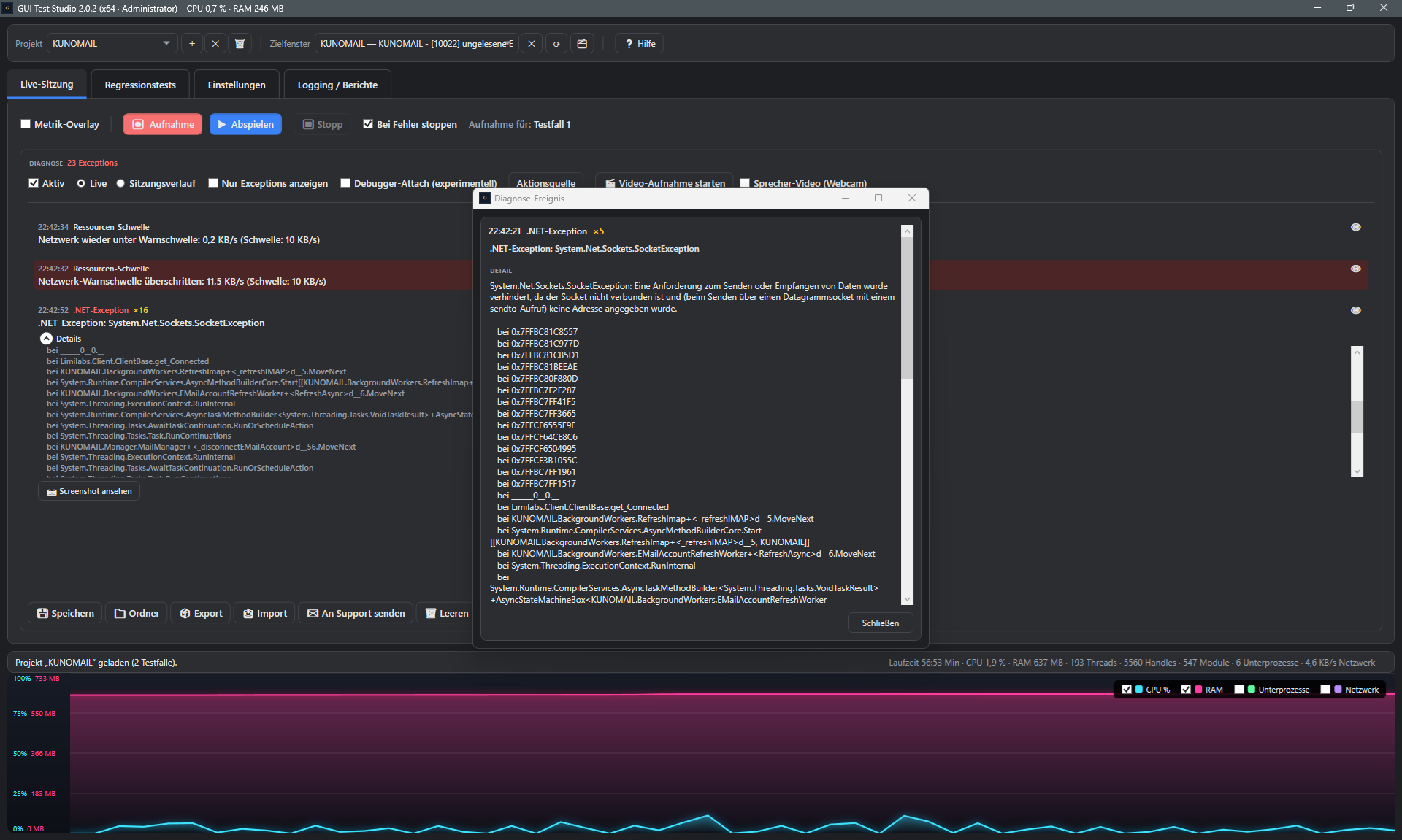 Screenshot: Automatisch erfasste .NET-Exception im Diagnose-Ereignis-Dialog