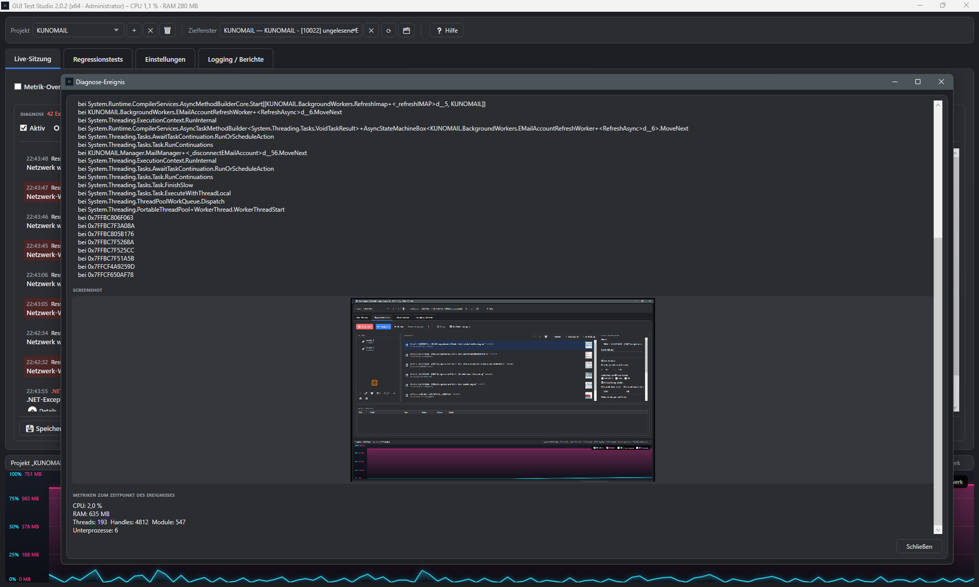 Screenshot: Vollstaendiger Stacktrace mit Screenshot und Ressourcen-Metriken zum Ereigniszeitpunkt