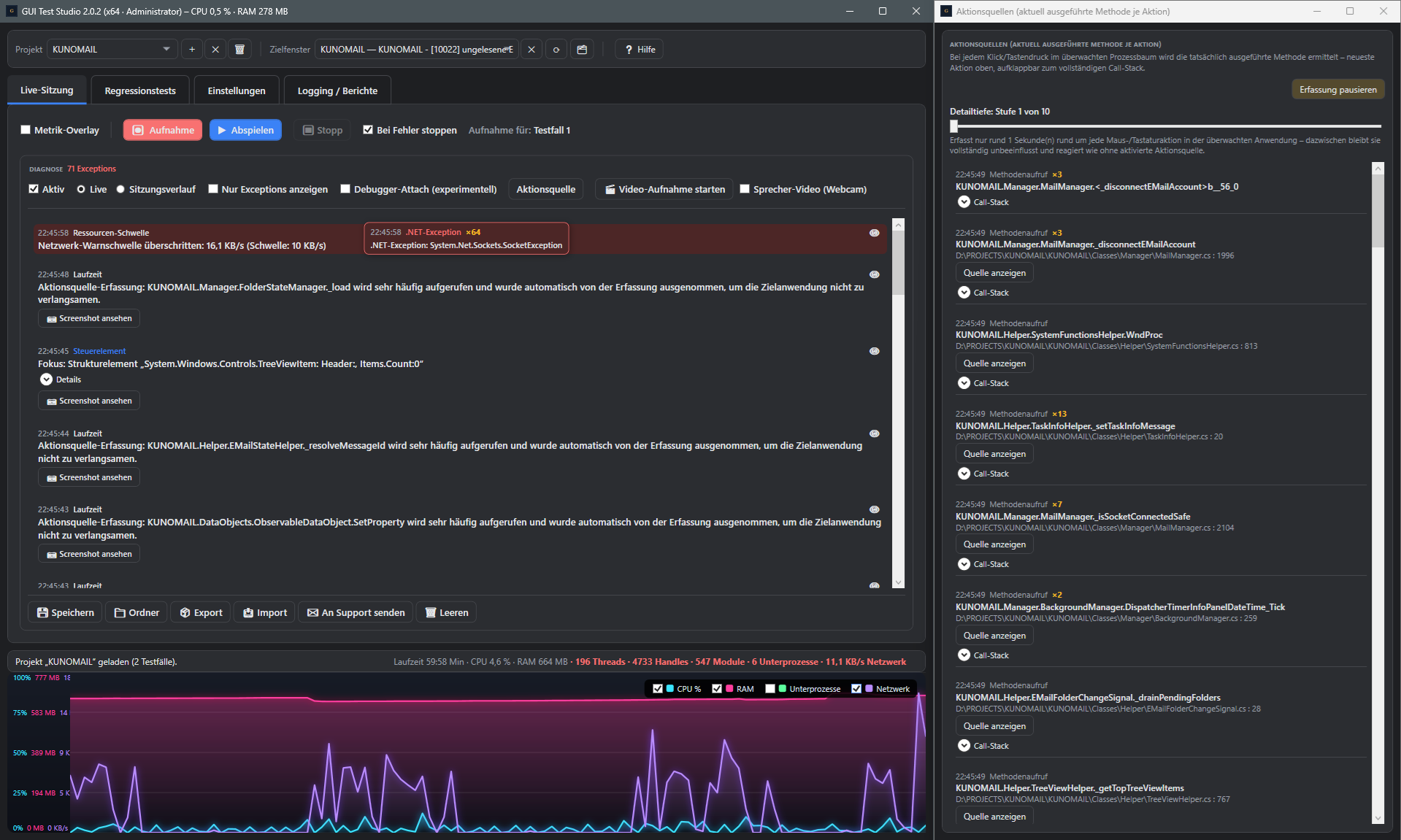 Screenshot: Aktionsquellen-Fenster mit Methodenaufrufen je Aktion