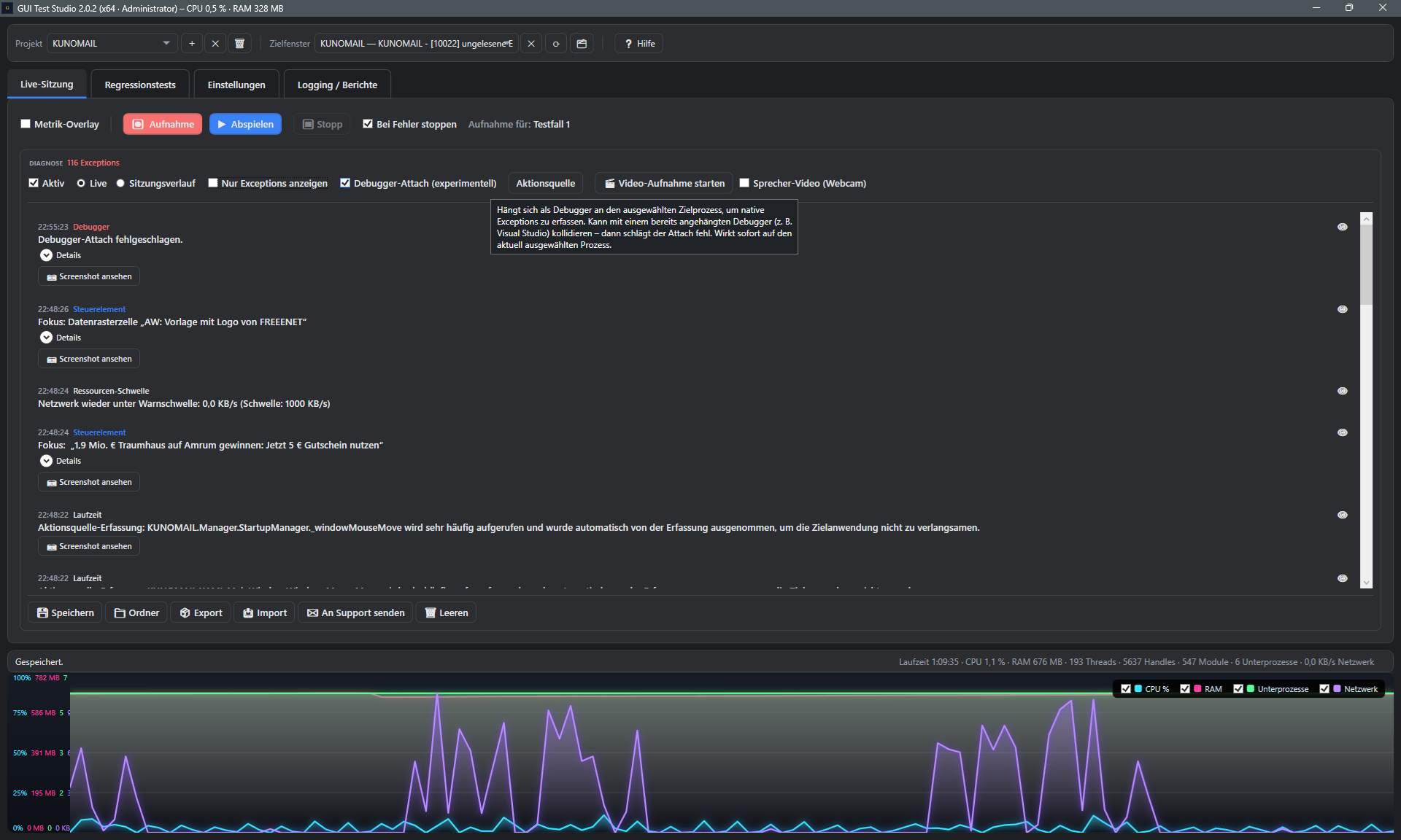 Screenshot: Debugger-Attach aktiviert mit Hinweistext und Protokoll-Eintrag