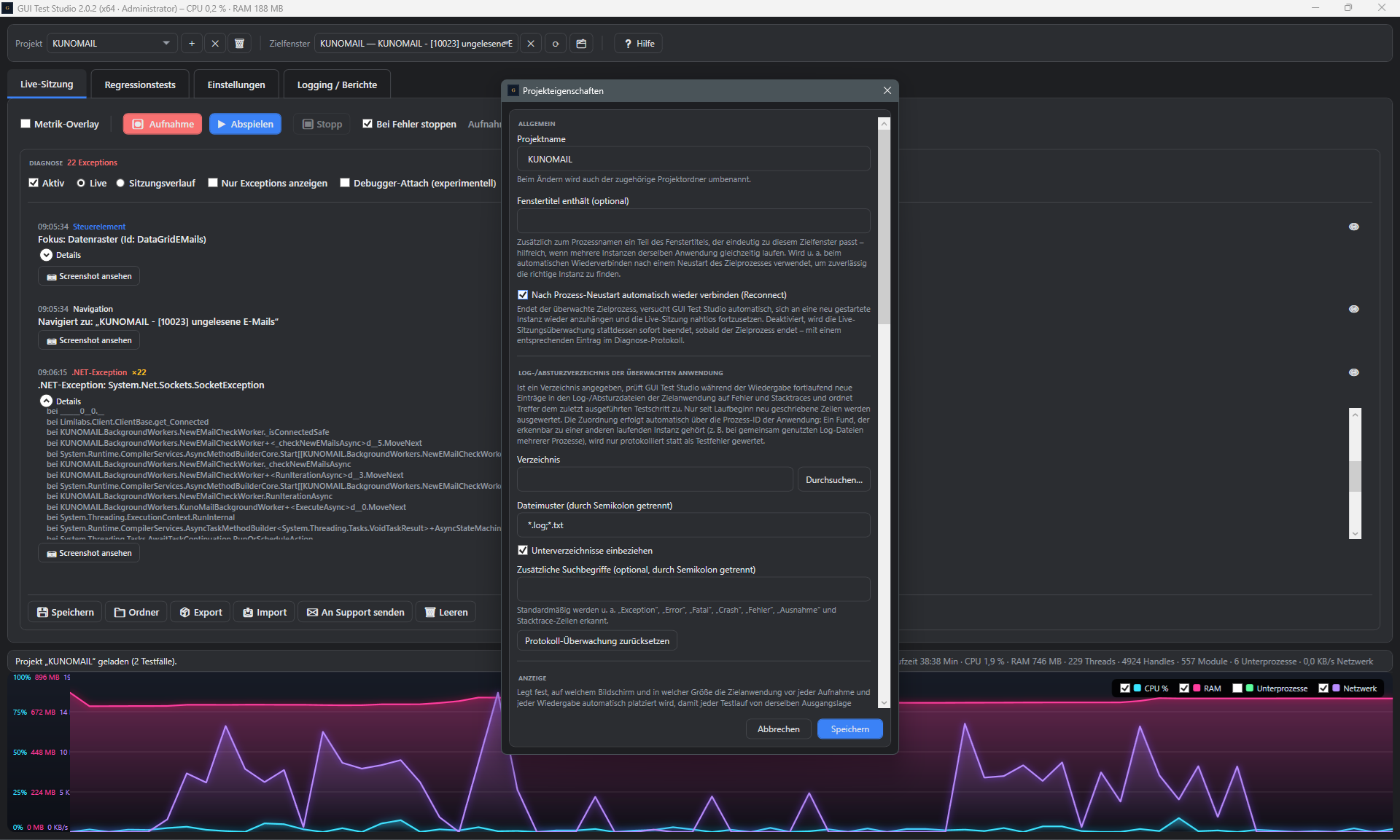Screenshot: Reconnect-Checkbox in den Projekteigenschaften, standardmaessig aktiv