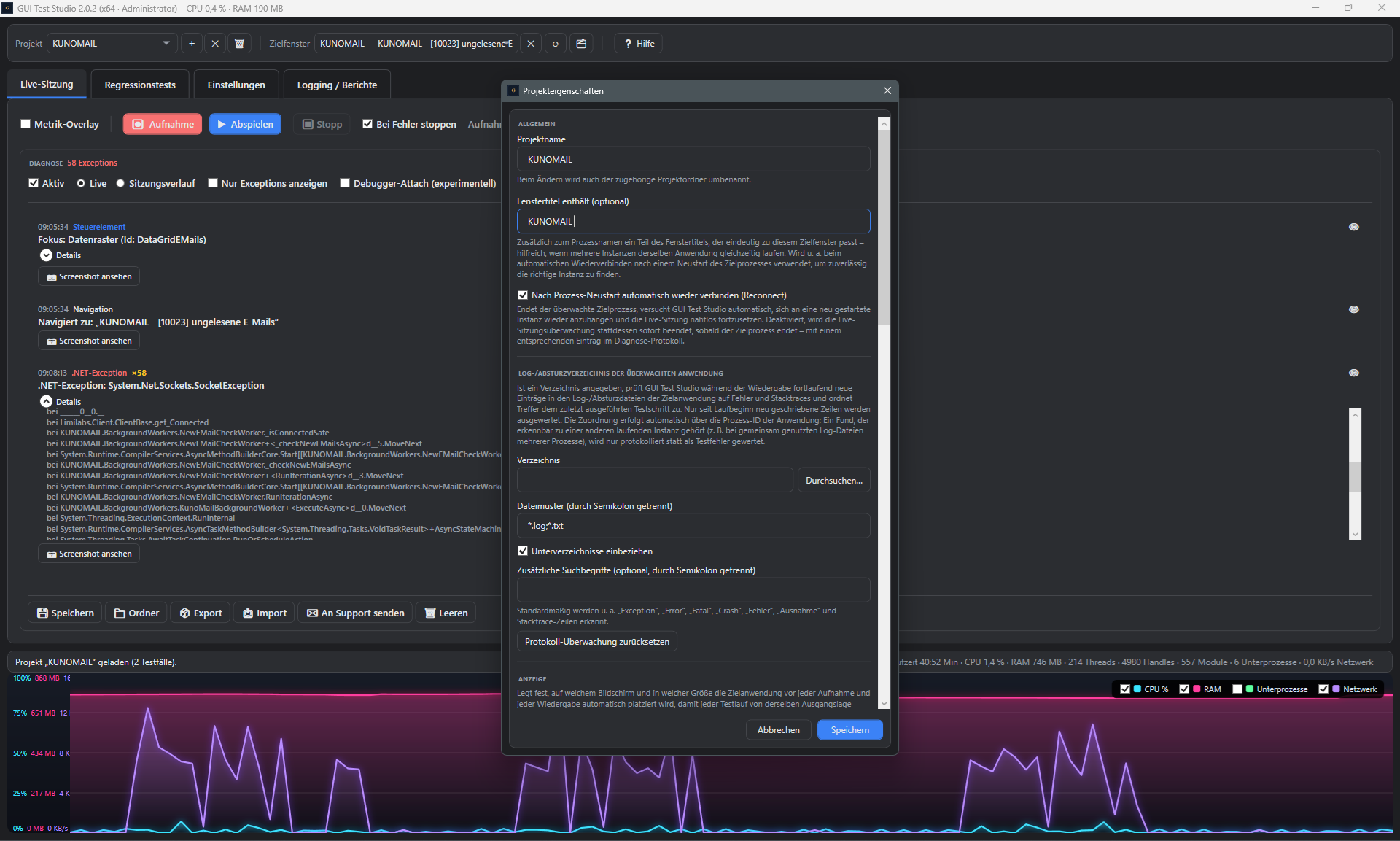 Screenshot: Fenstertitel-Filter mit dem Wert KUNOMAIL befuellt