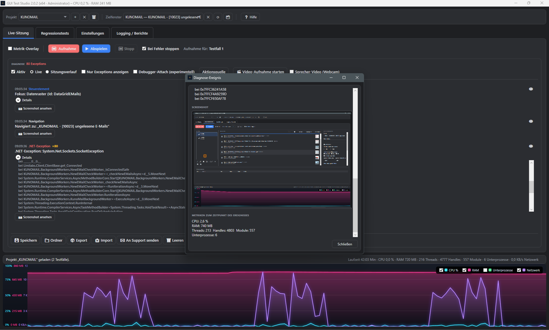 Screenshot: Diagnose-Ereignis mit Screenshot und Metriken trotz vieler wiederkehrender Exceptions