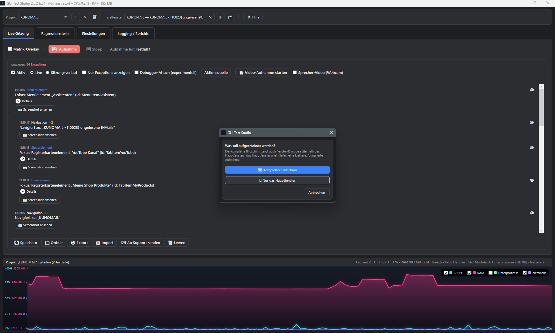 Screenshot: Dialog Was soll aufgezeichnet werden mit den Optionen Kompletter Bildschirm und Nur das Hauptfenster