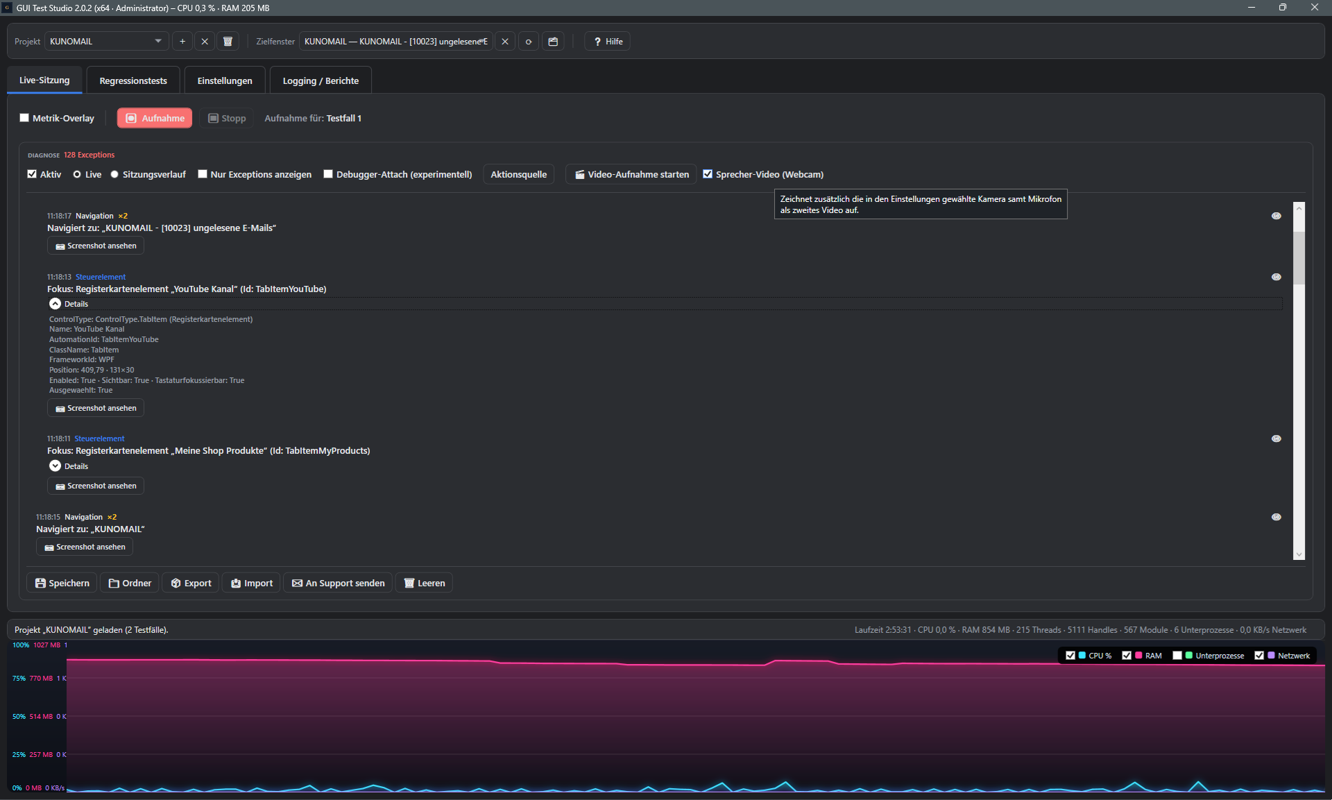 Screenshot: Checkbox Sprecher-Video (Webcam) mit Tooltip