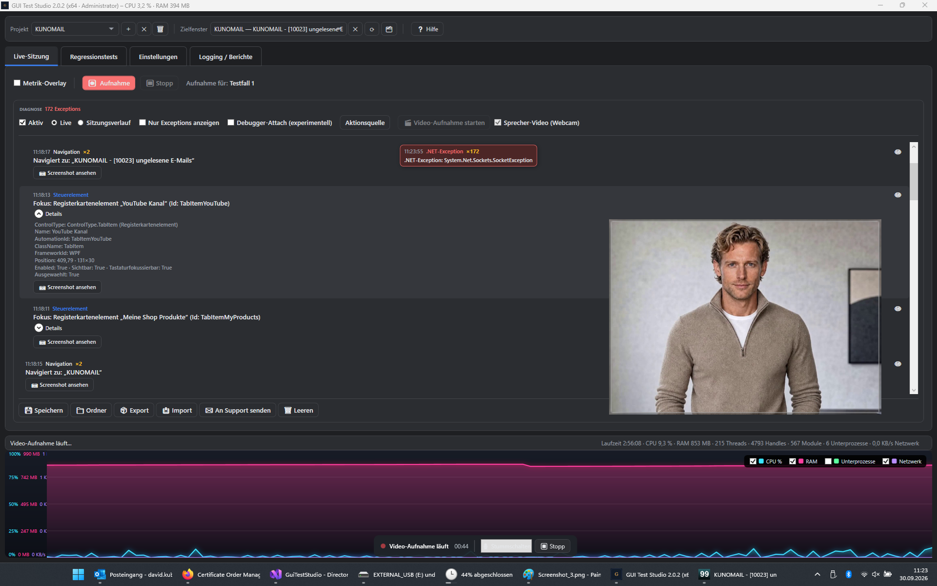 Screenshot: Laufende Video-Aufnahme mit Webcam-Vorschau und Timer