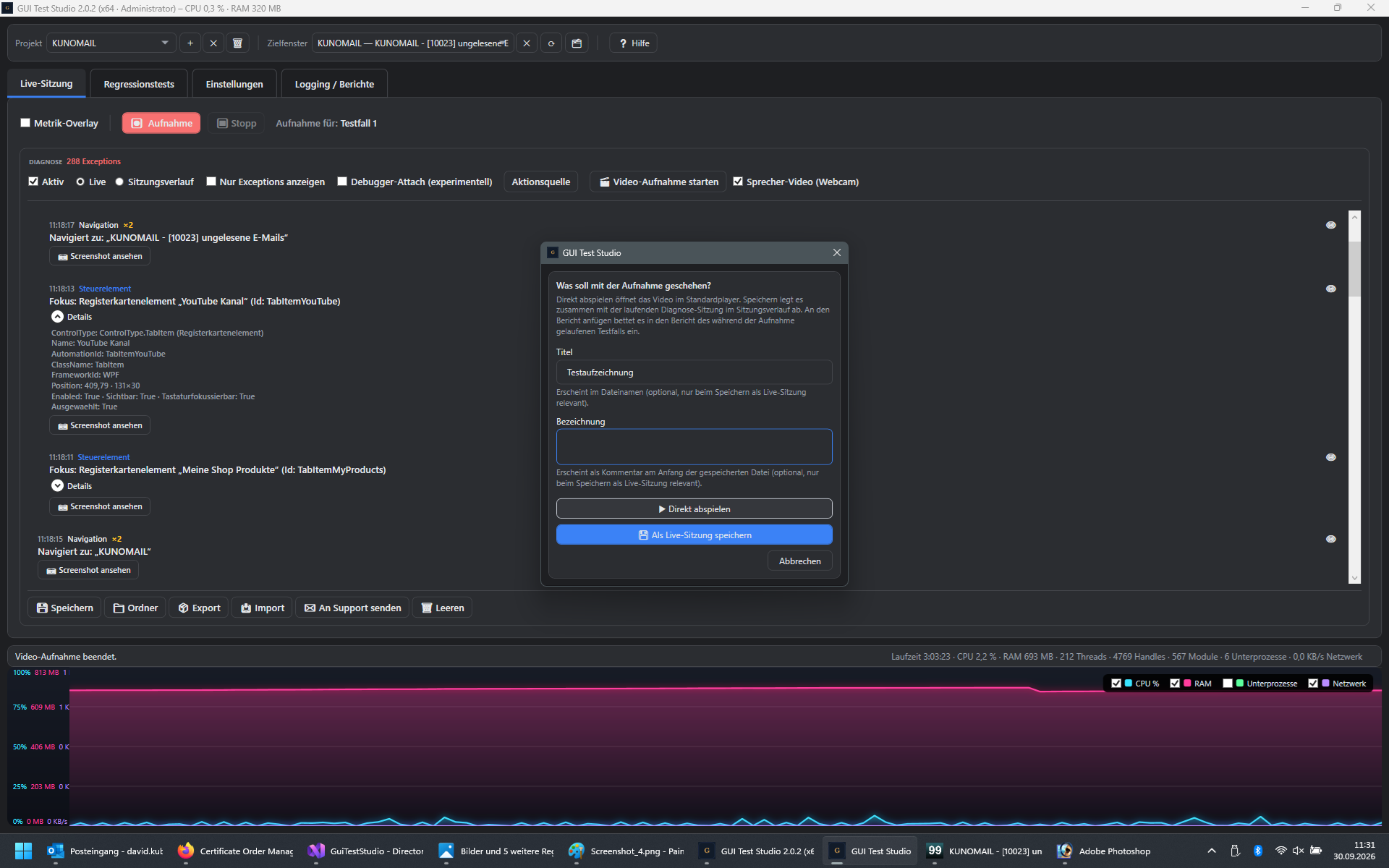 Screenshot: Dialog Was soll mit der Aufnahme geschehen mit Titel-Feld und Speicheroptionen