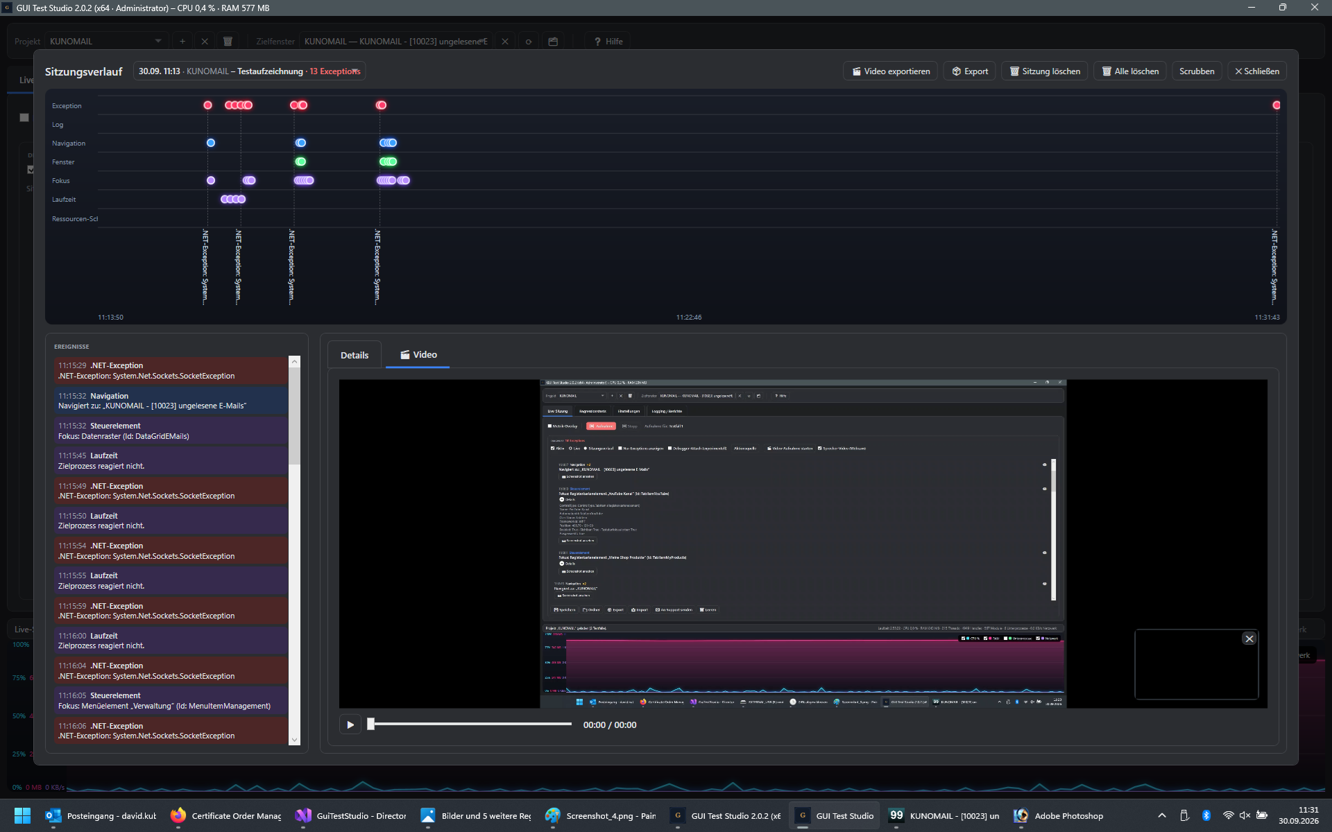 Screenshot: Sitzungsverlauf mit Zeitleiste und eingebettetem Video-Player