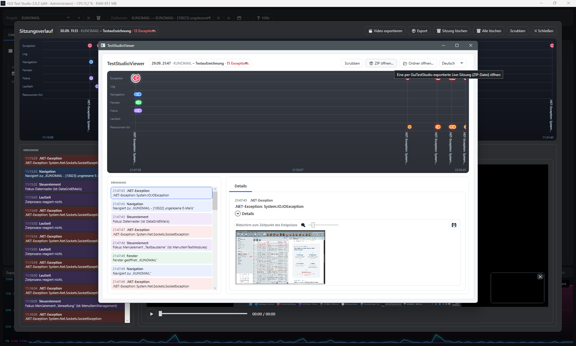 Screenshot: Im TestStudioViewer geoeffnete Sitzung mit Zeitleiste und Ereignis-Details