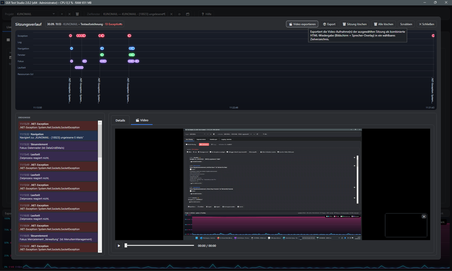 Screenshot: Button Video exportieren mit Tooltip im Sitzungsverlauf