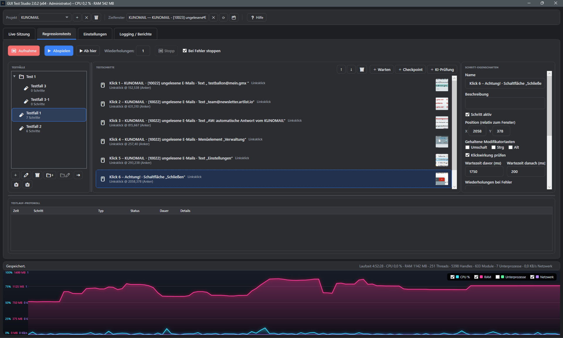 Screenshot: Testfaelle-Liste mit Ordner Test 1 und verschachtelten Testfaellen