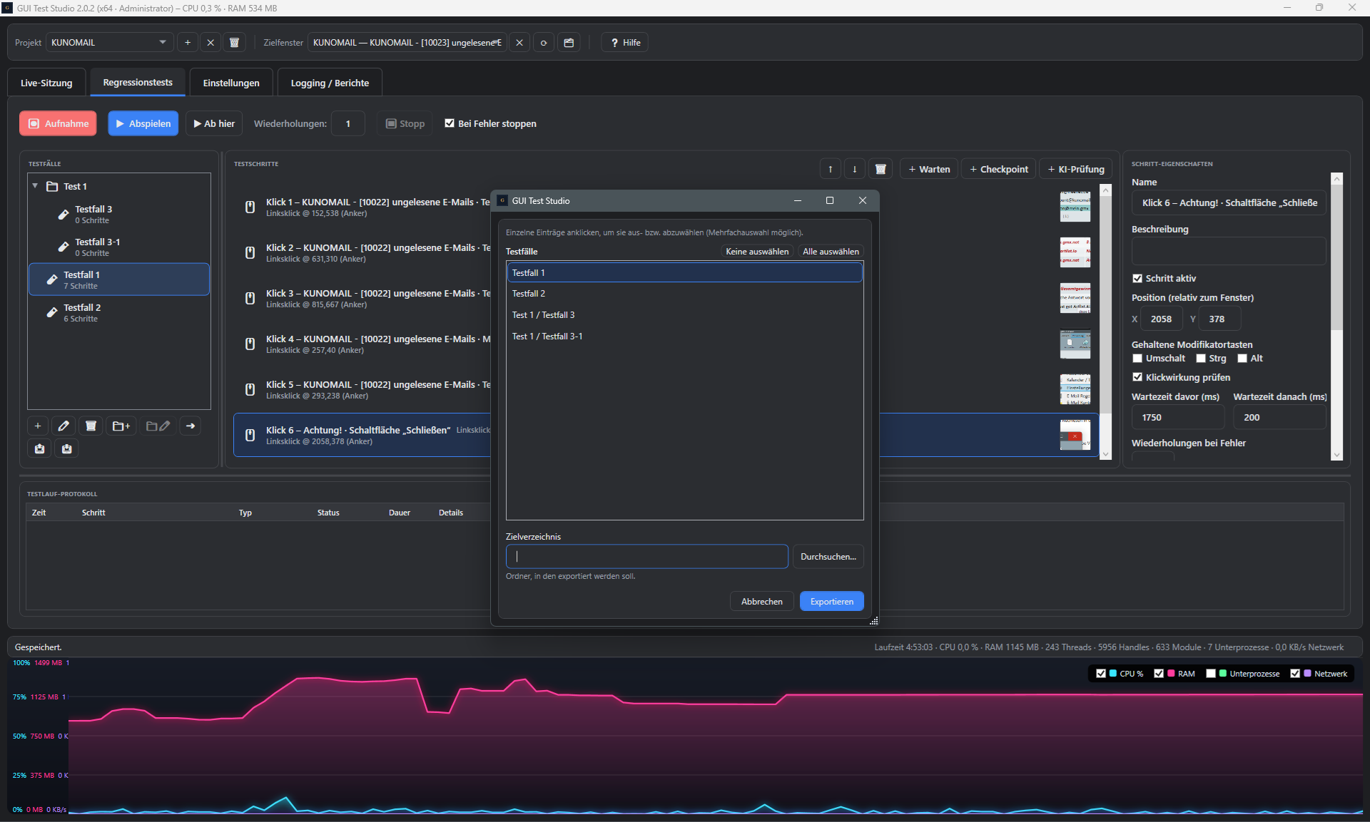 Screenshot: Export-Dialog mit einzeln ausgewaehltem Testfall