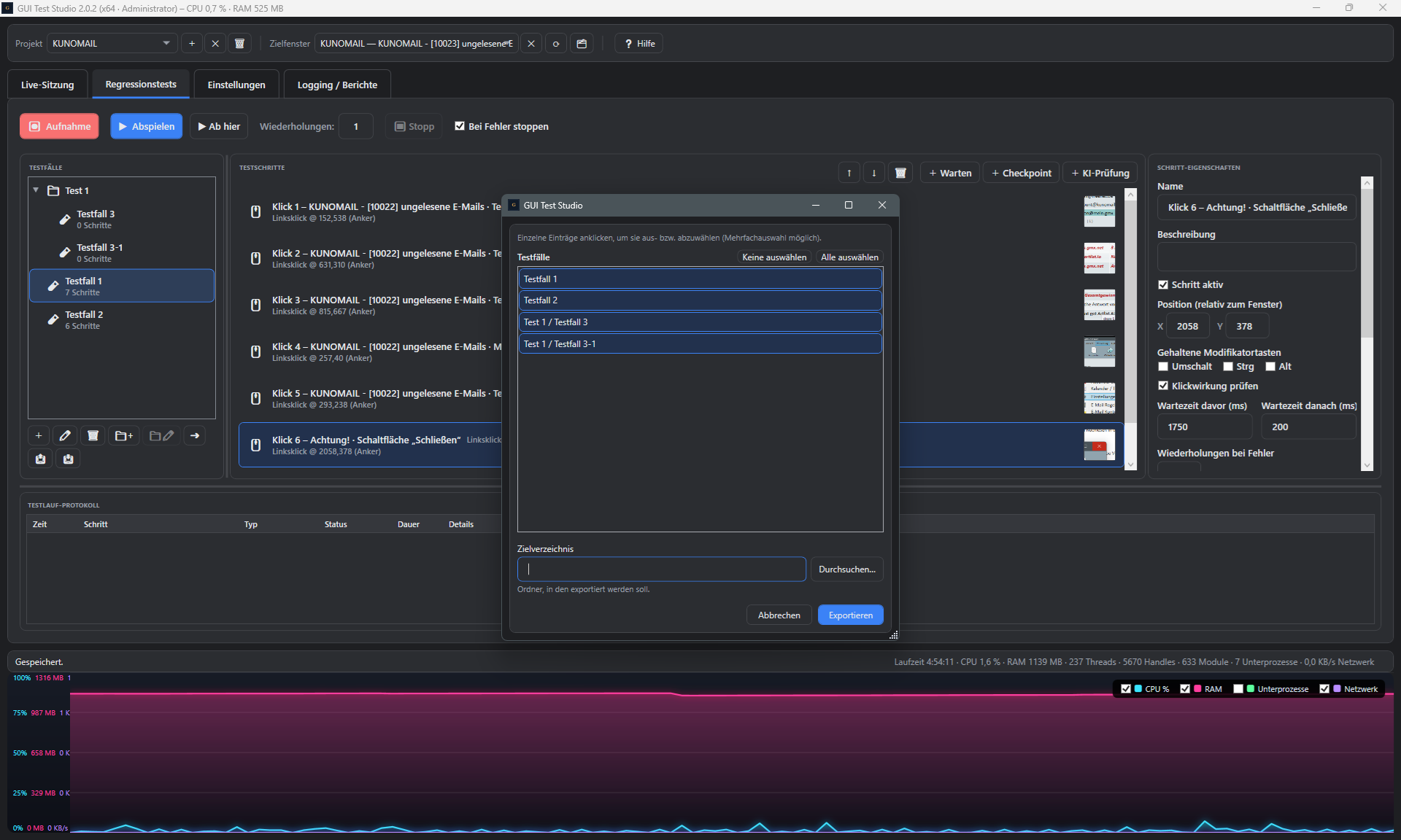 Screenshot: Export-Dialog mit allen ausgewaehlten Testfaellen