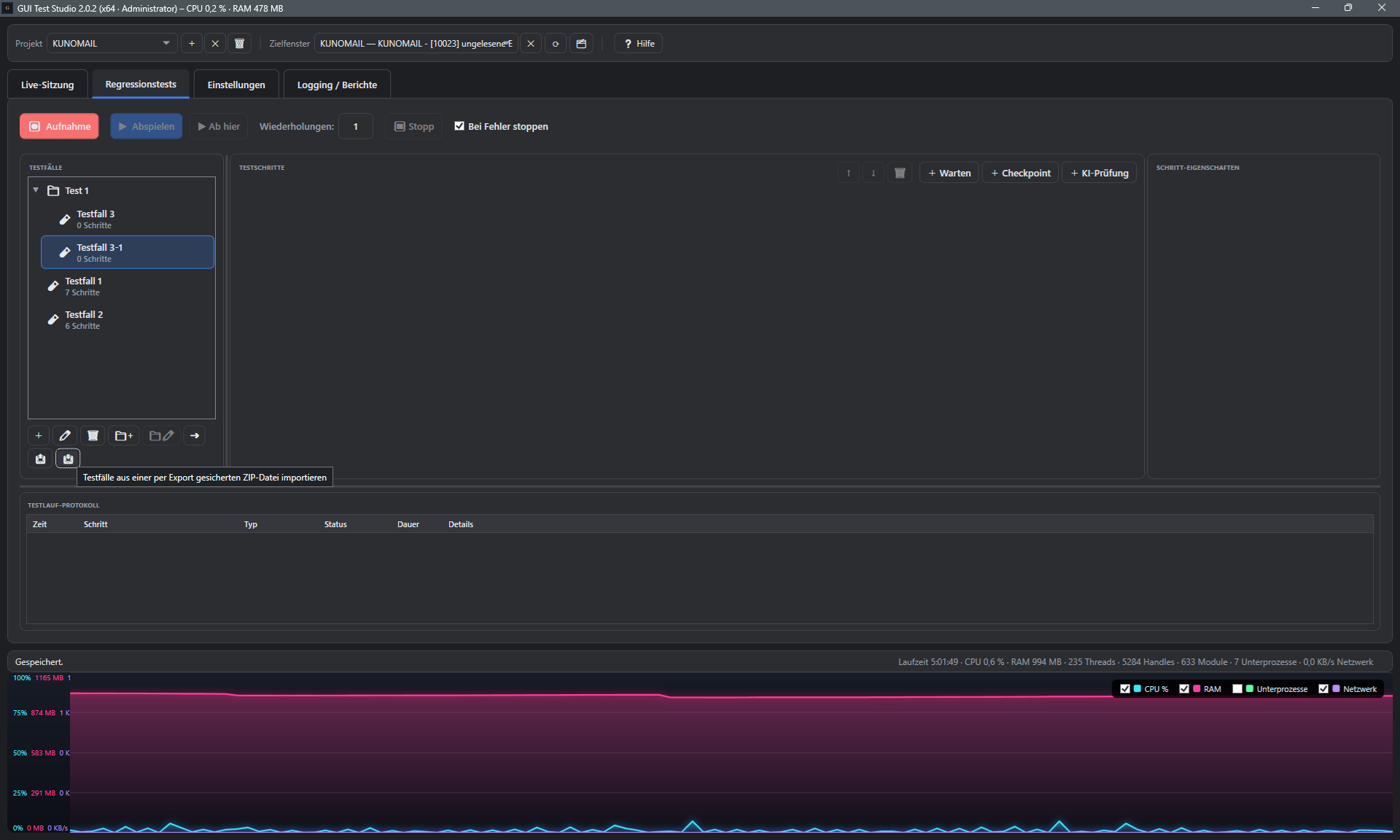 Screenshot: Import-Button mit Tooltip in der Testfaelle-Liste