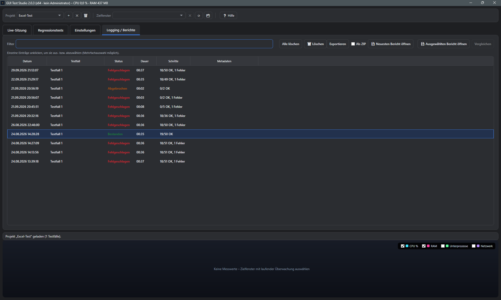 Screenshot: Testlauf-Historie-Liste im Tab Logging und Berichte, ein Lauf mit Status Bestanden markiert