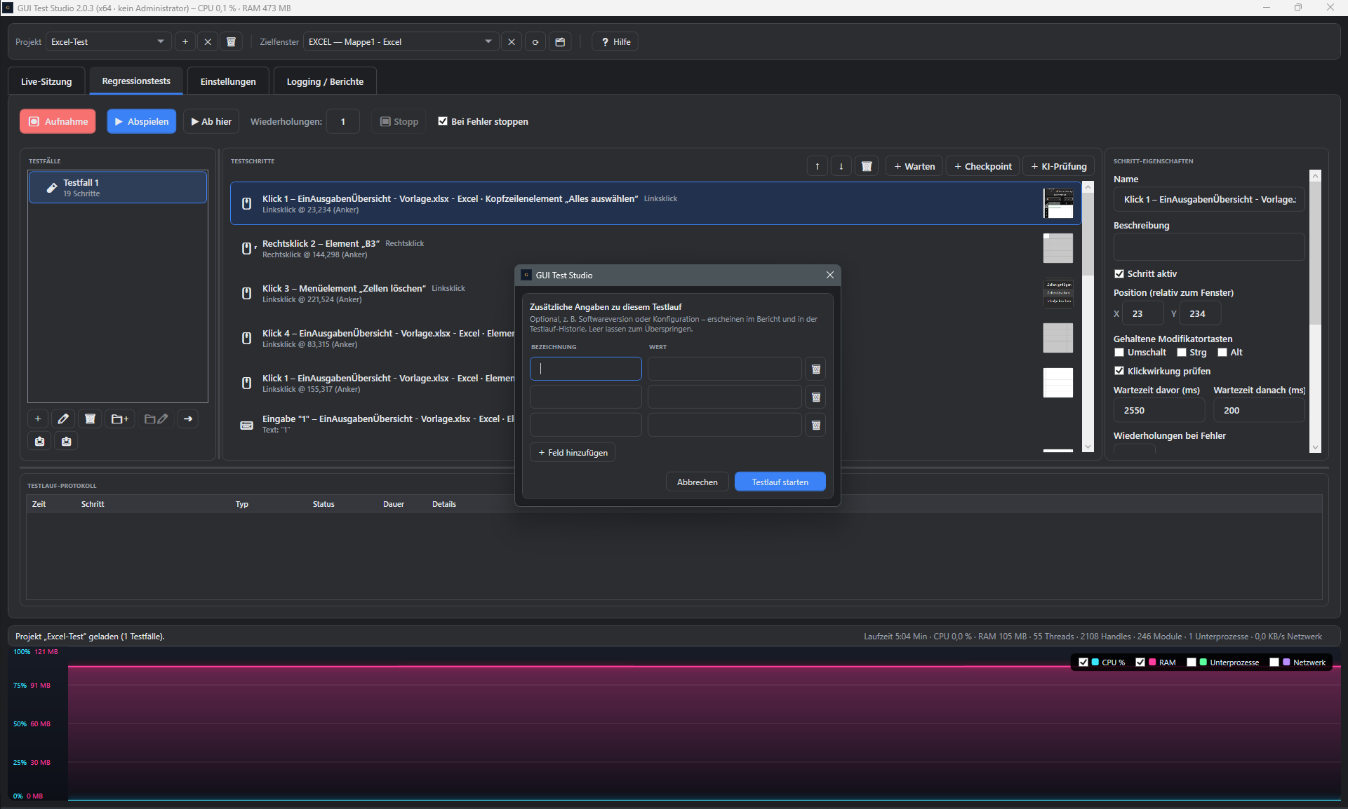 Screenshot: Dialog Zusaetzliche Angaben zu diesem Testlauf mit leeren Bezeichnung/Wert-Feldern, aufgerufen im Tab Regressionstests