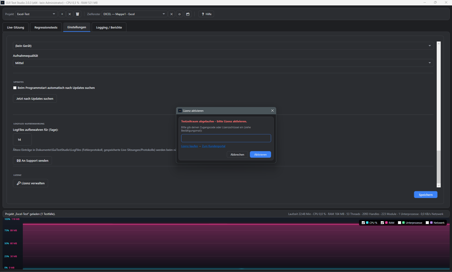 Screenshot: Dialog Lizenz aktivieren mit Hinweis Testzeitraum abgelaufen und Eingabefeld fuer den Lizenzschluessel