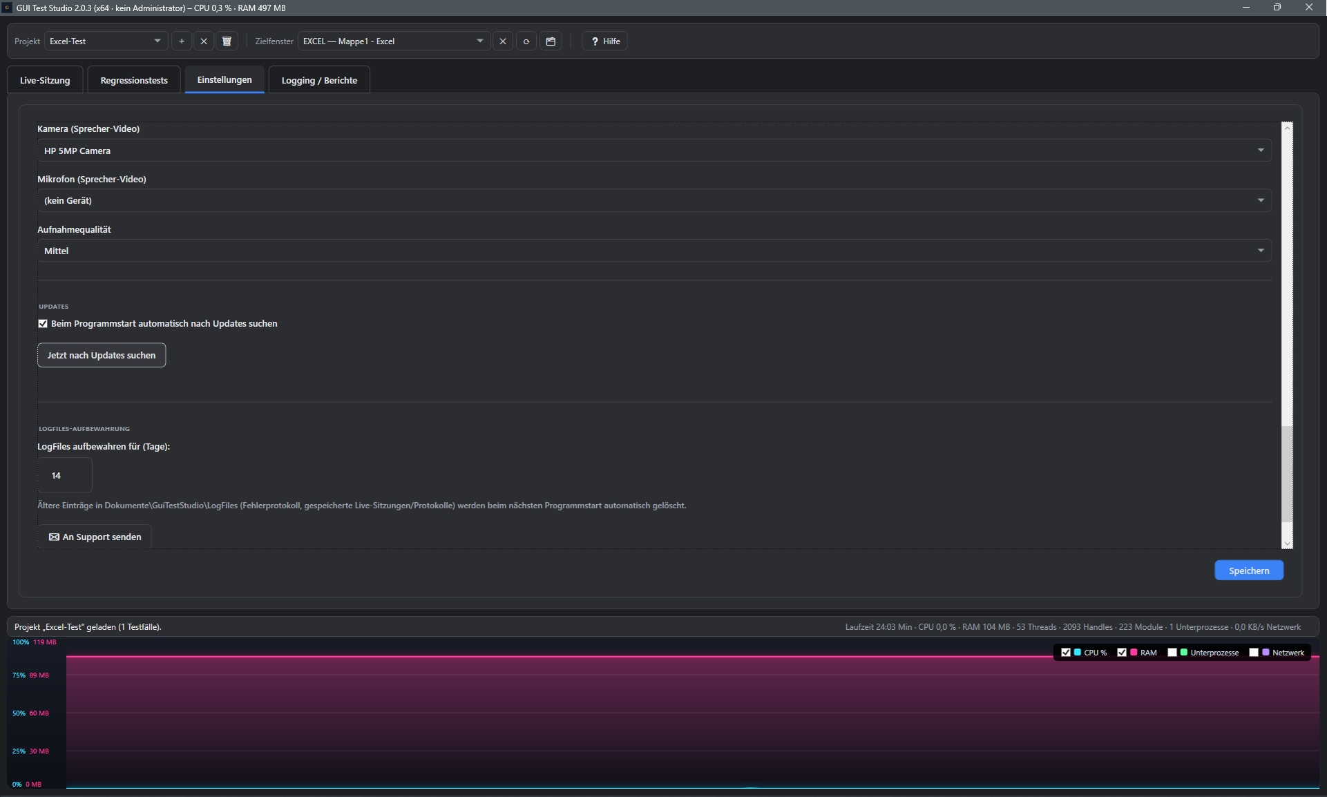 Screenshot: Update-Abschnitt mit aktivierter Checkbox und Jetzt-nach-Updates-suchen-Button