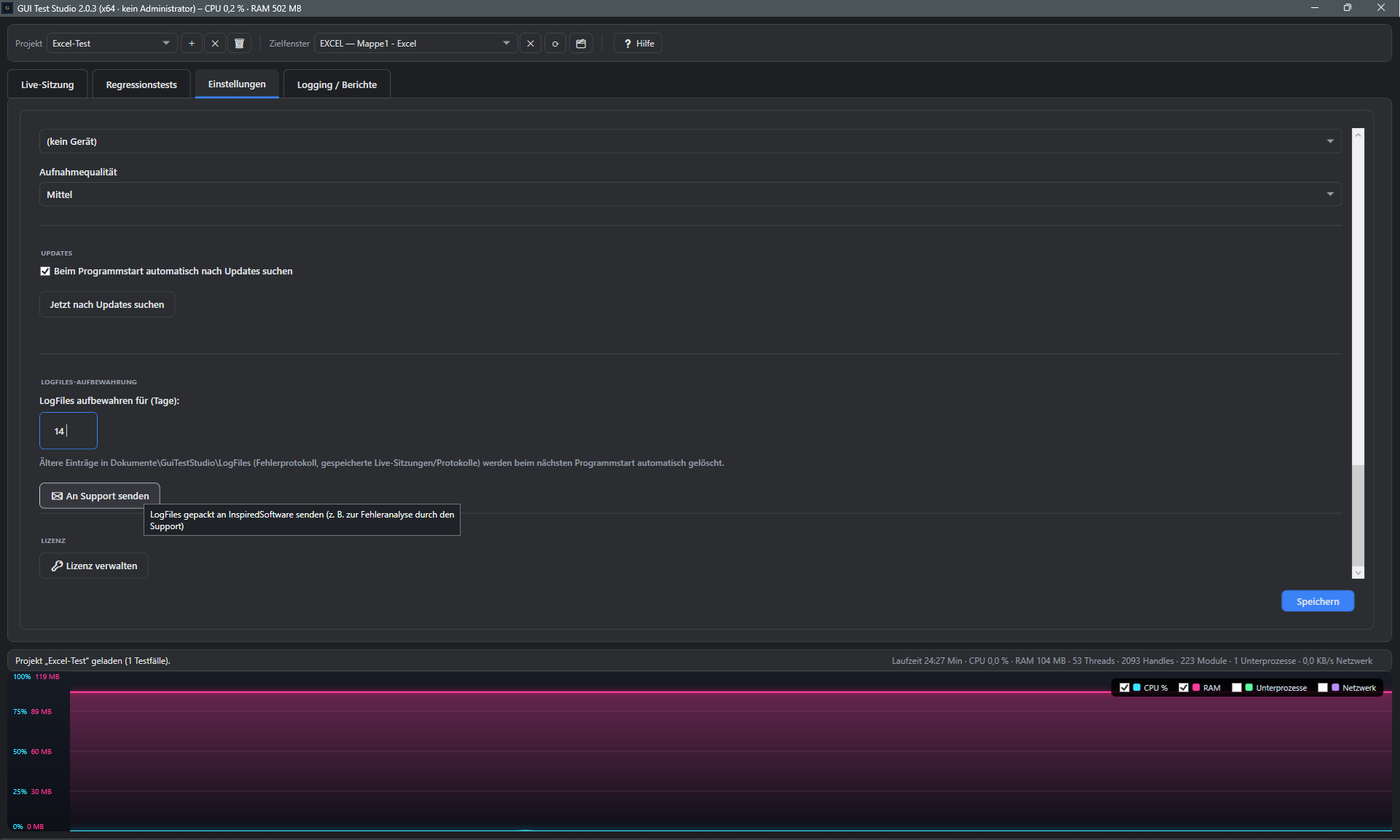 Screenshot: An Support senden Button mit sichtbarem Tooltip-Erklaertext