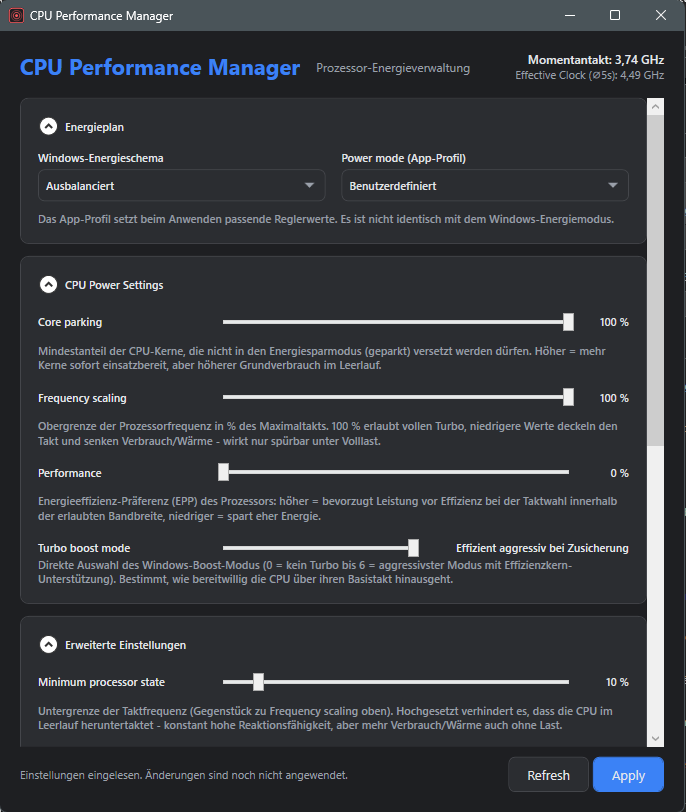 Screenshot des CPU Performance Manager mit Energieplan, CPU Power Settings und erweiterten Einstellungen