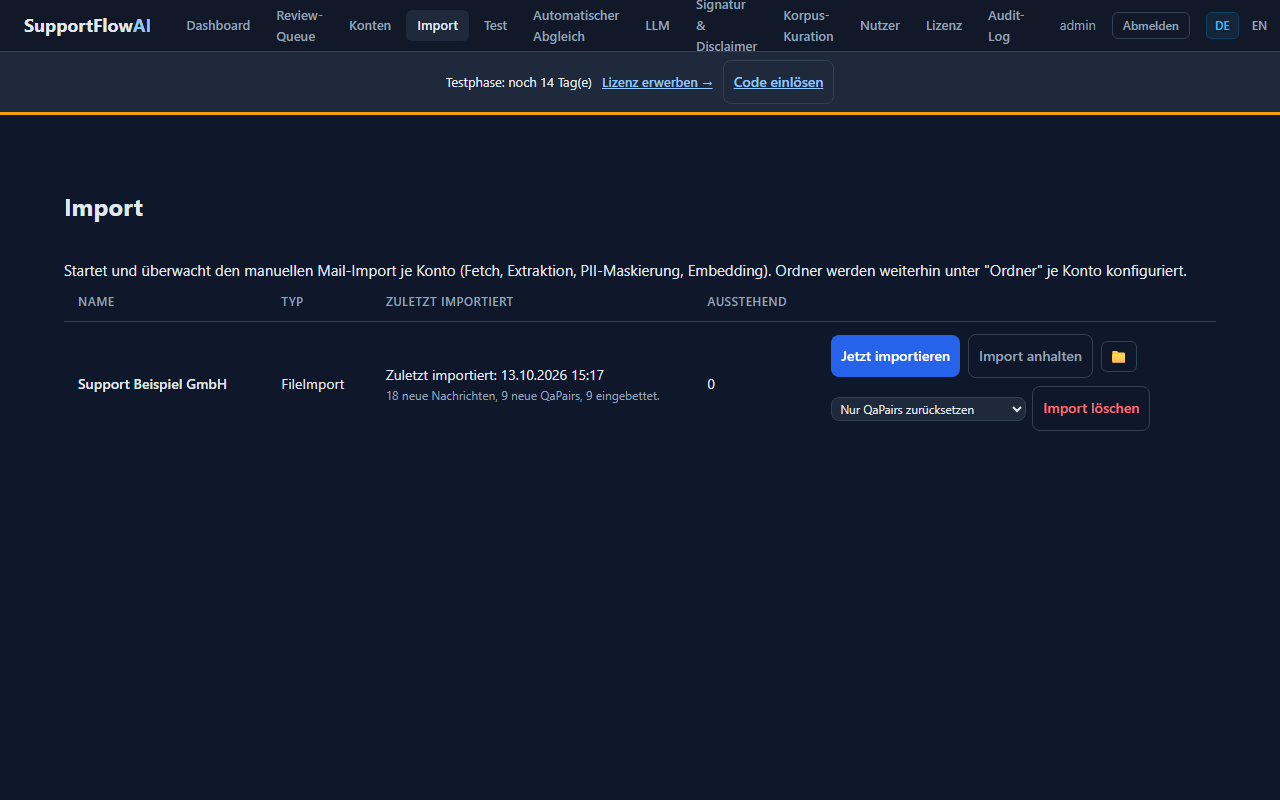 Screenshot: Import-Seite mit Mail-Konto und Importstatistik