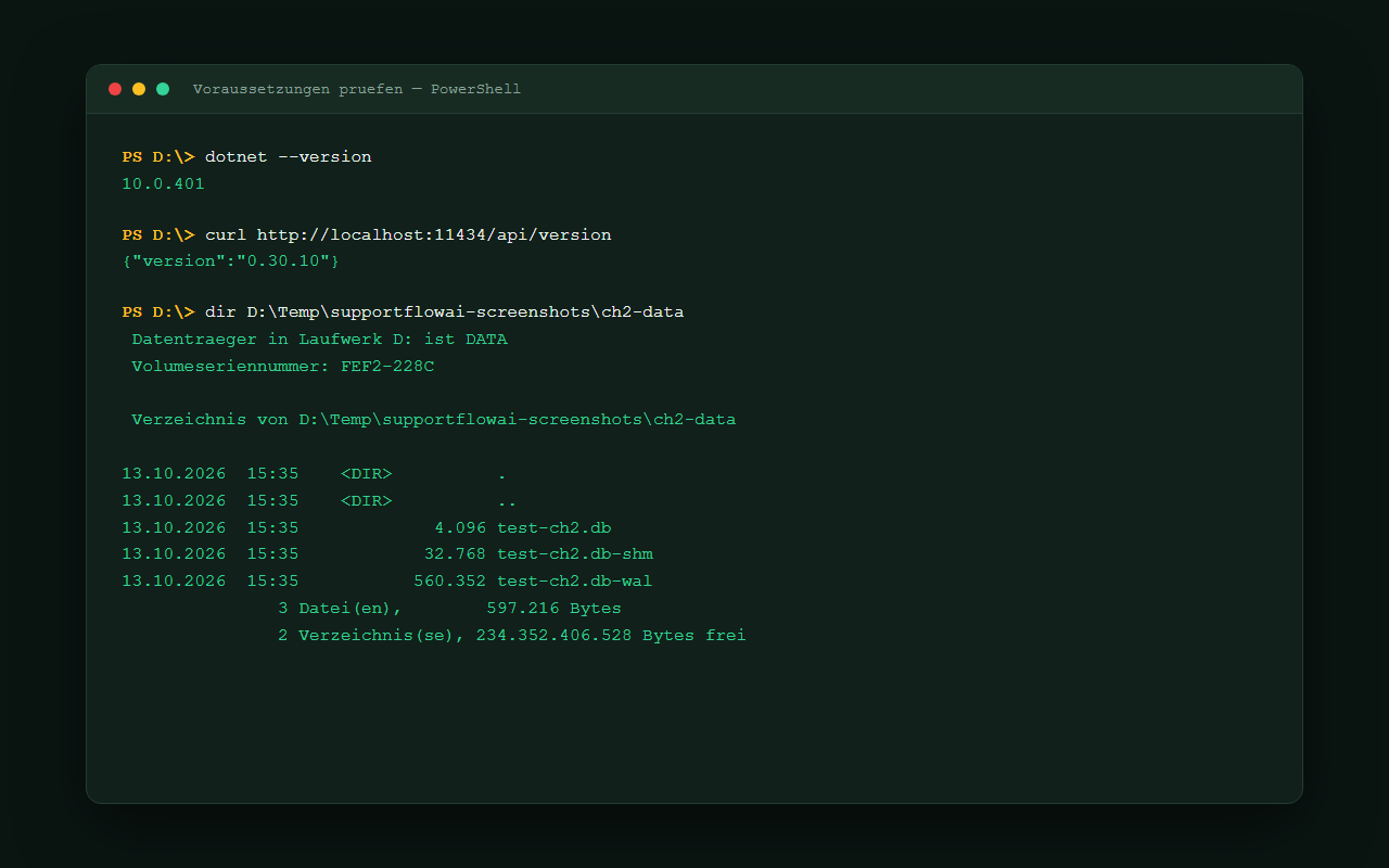 Screenshot: Terminal mit dotnet --version, Ollama-Versionsabfrage und SQLite-Datei