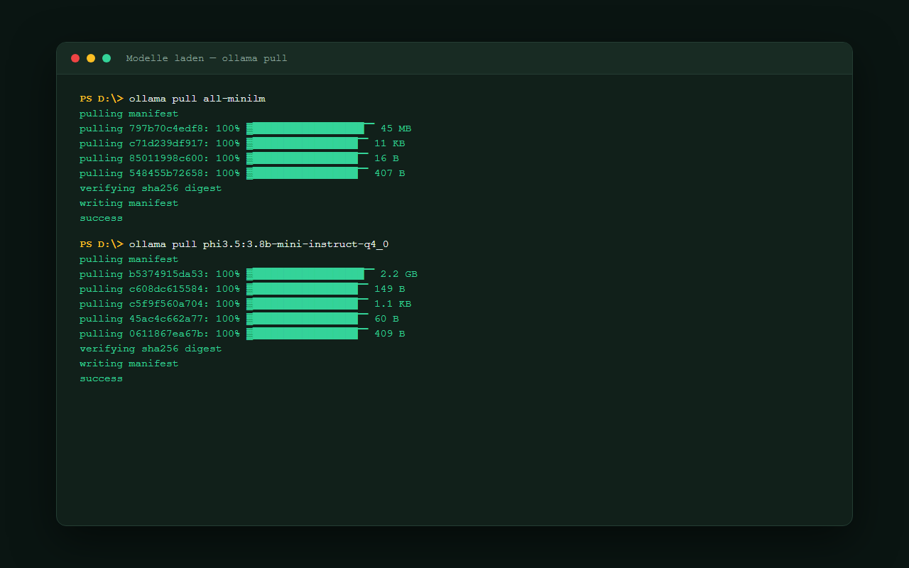 Screenshot: Terminal mit zwei echten ollama pull Befehlen
