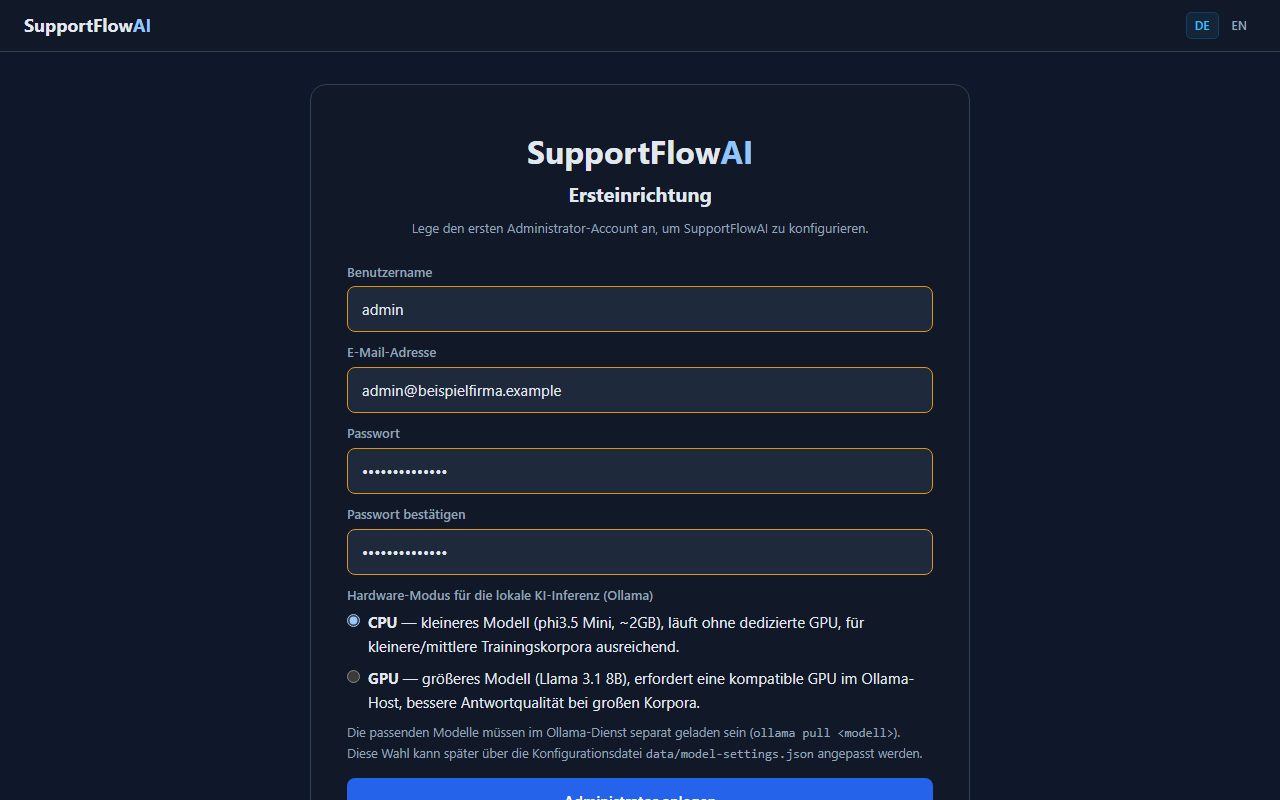 Screenshot: Setup-Seite mit Admin-Account-Formular
